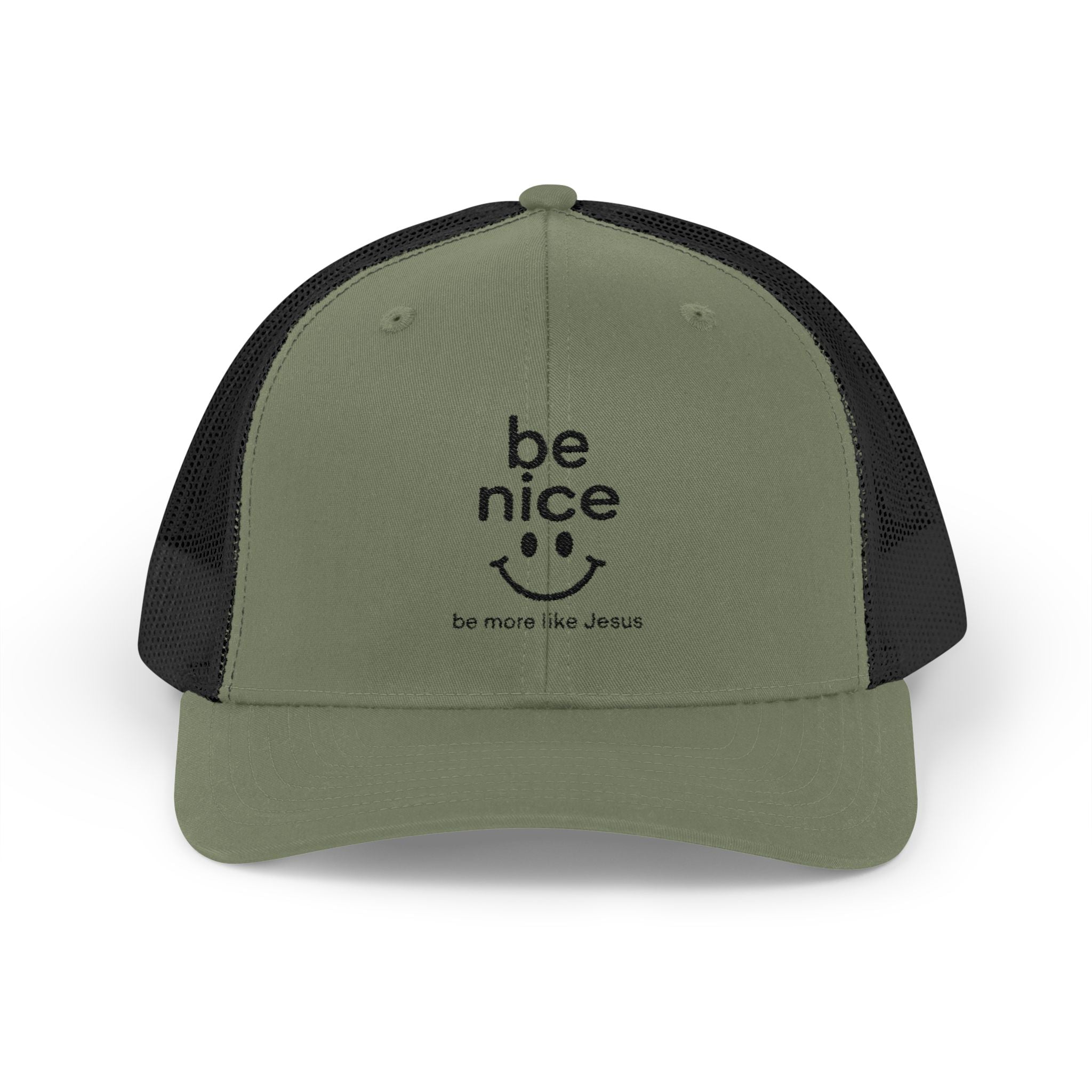 Be Nice Smiley Snapback Trucker Cap — Positive Message Mesh Hat