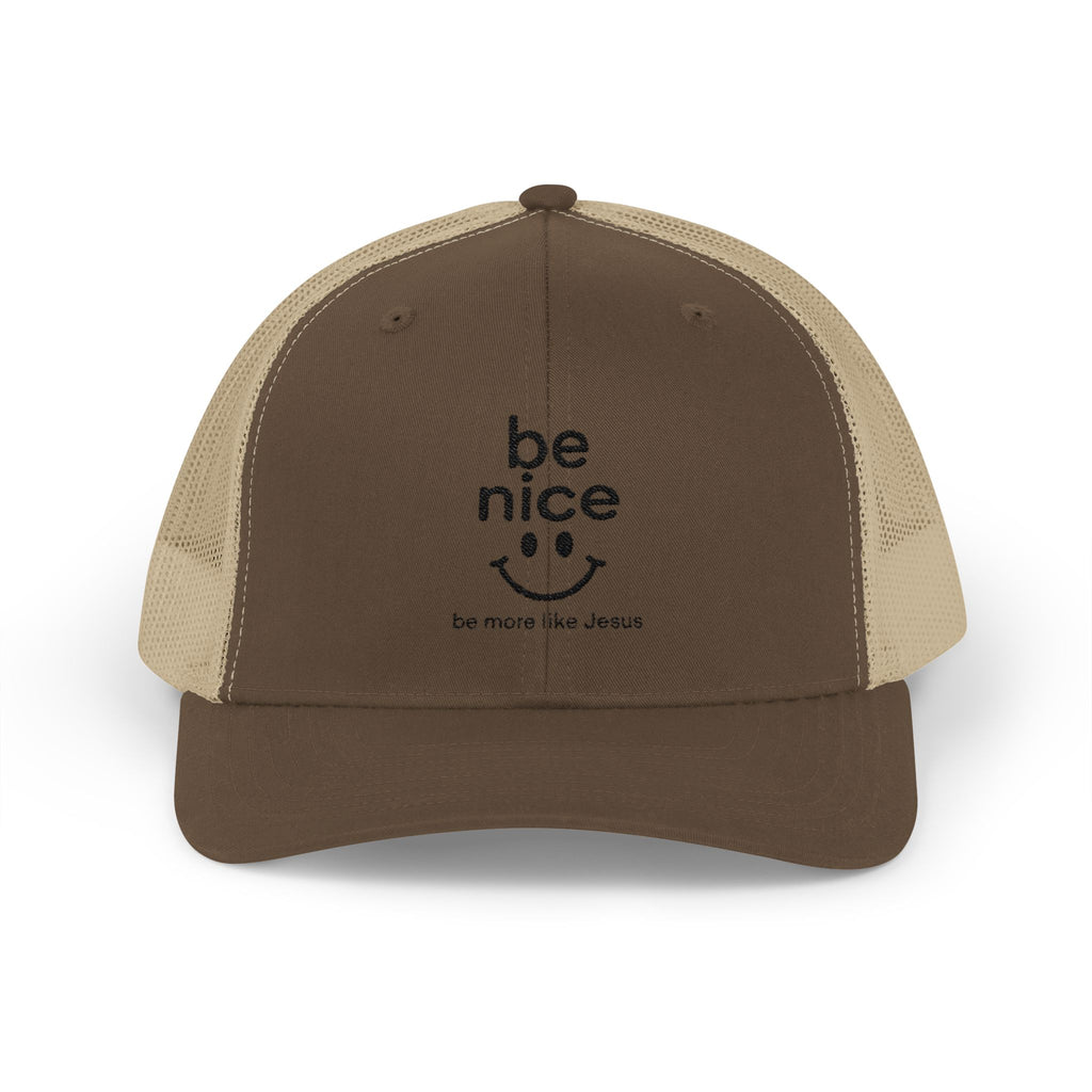 Be Nice Smiley Snapback Trucker Cap — Positive Message Mesh Hat
