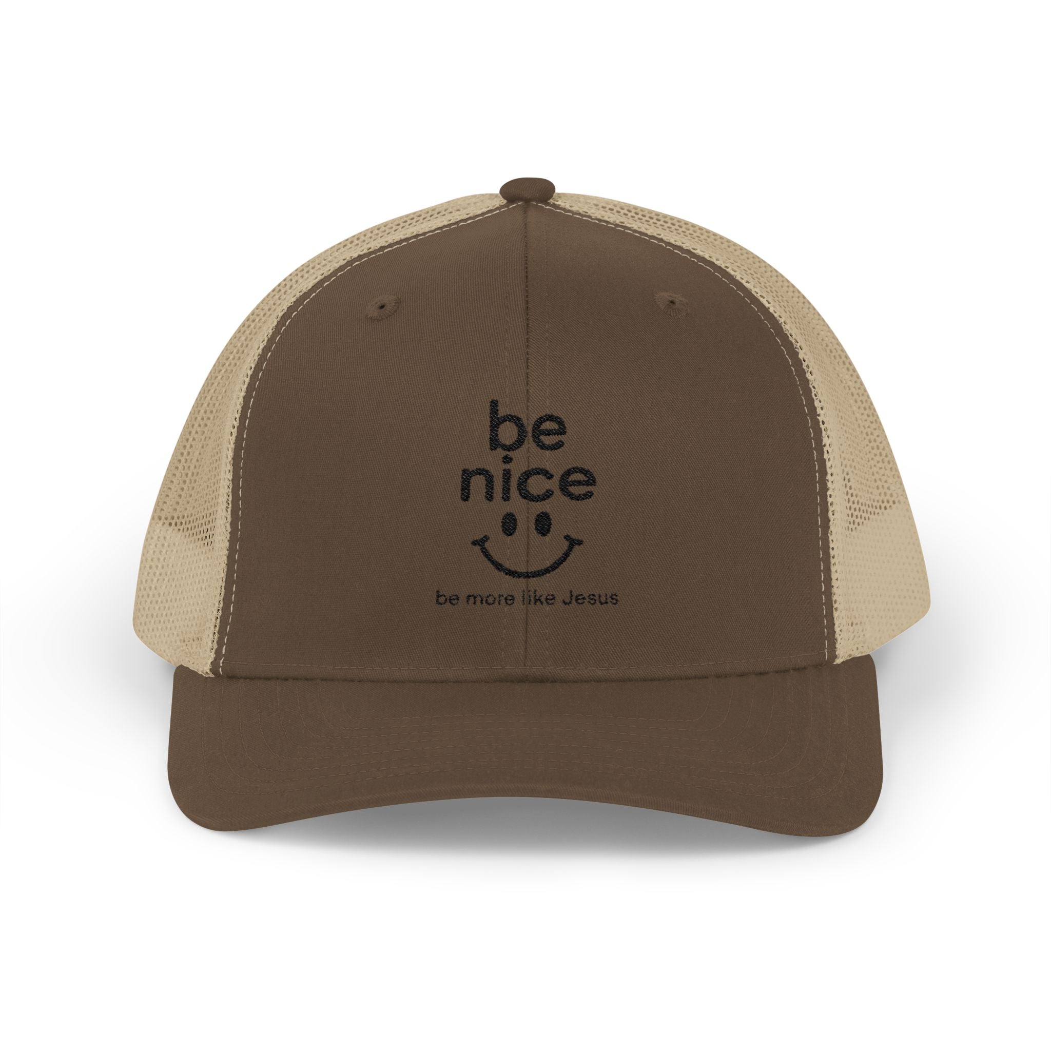 Be Nice Smiley Snapback Trucker Cap — Positive Message Mesh Hat