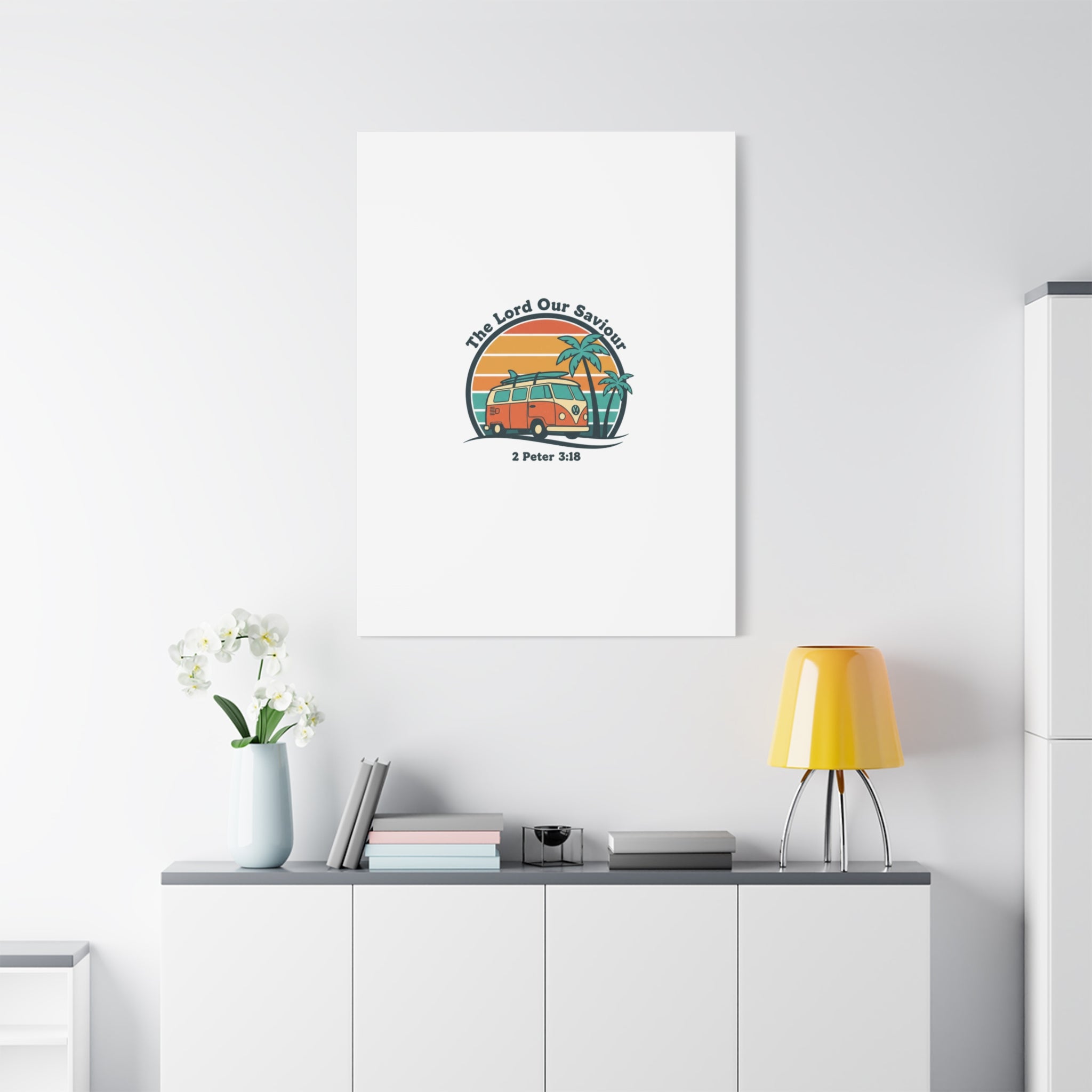 The Lord our Saviour, Retro Surf Sunset Canvas | 70s Van Palm Postcard, Analog Sunshine Aesthetic