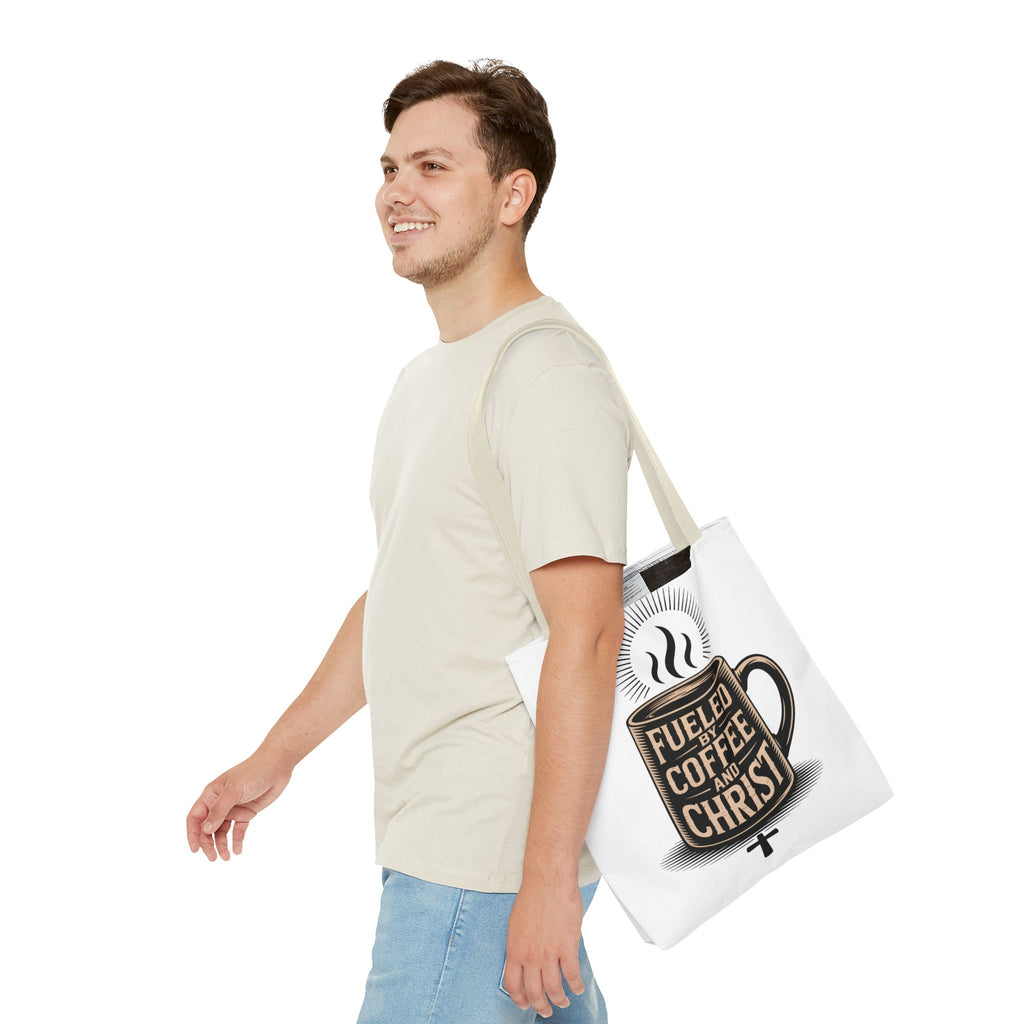 Christian Coffee Tote Bag - "Fueled by Coffee and Christ" Canvas Grocery & Church Bag