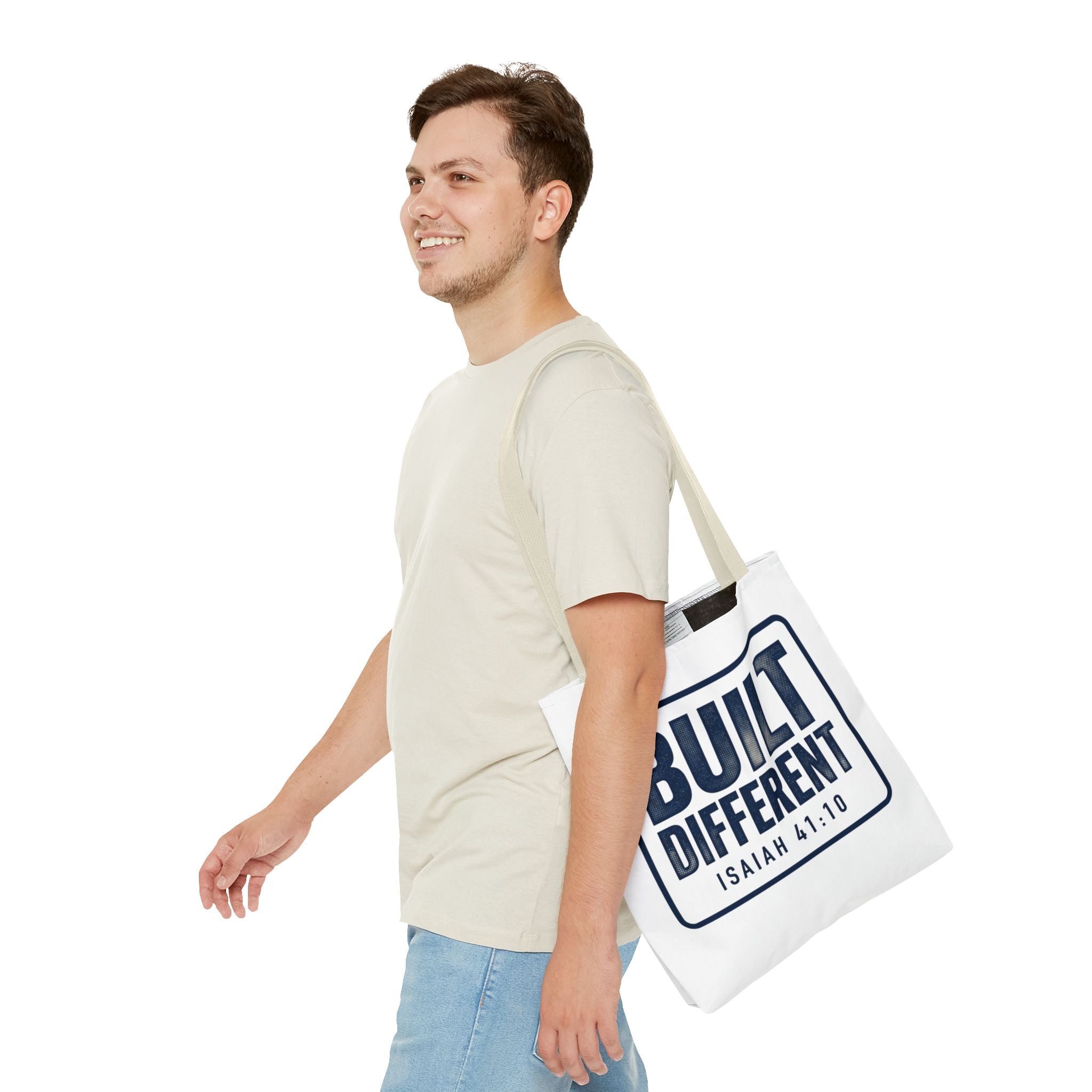 Built Different Tote Bag — Isaiah 41:10 Inspirational Canvas Tote