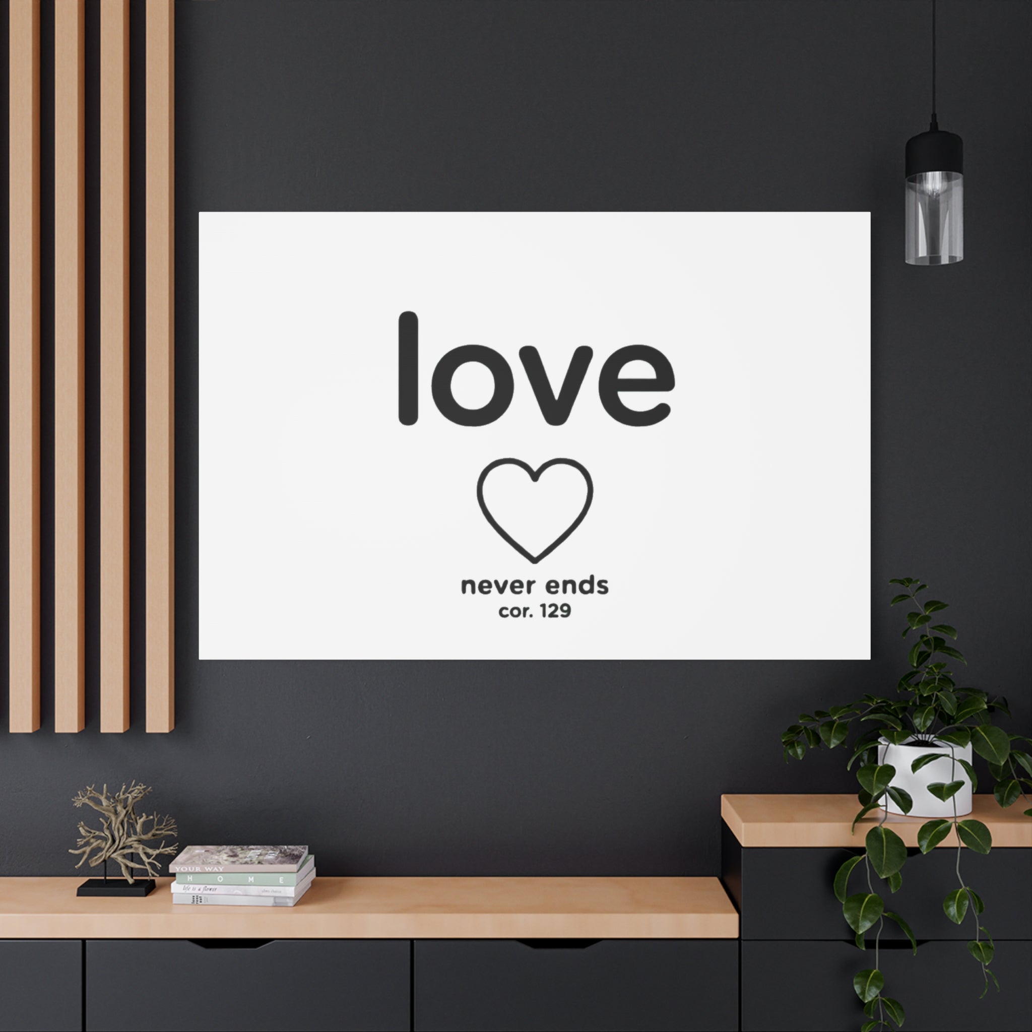 Canvas Wall Art — "love" Heart with "never ends cor. 129" Minimalist Print