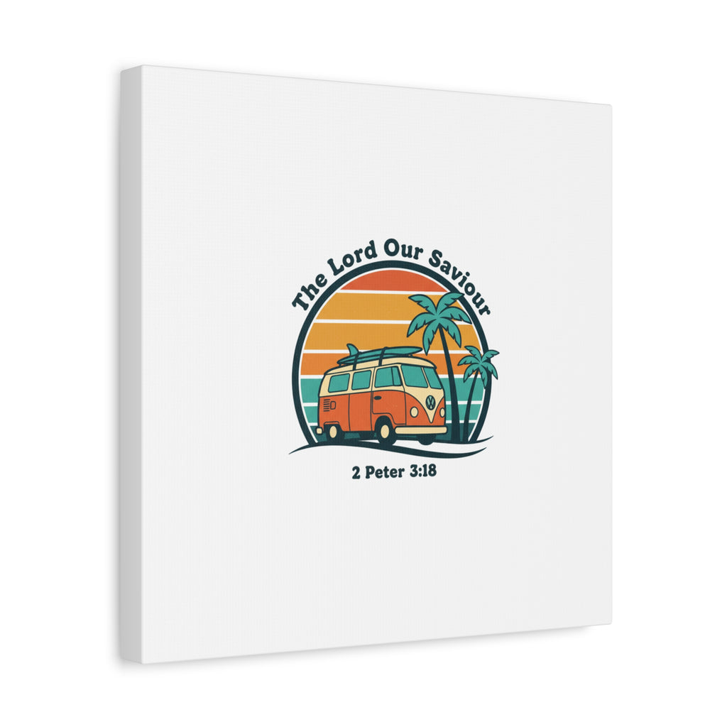 The Lord our Saviour, Retro Surf Sunset Canvas | 70s Van Palm Postcard, Analog Sunshine Aesthetic