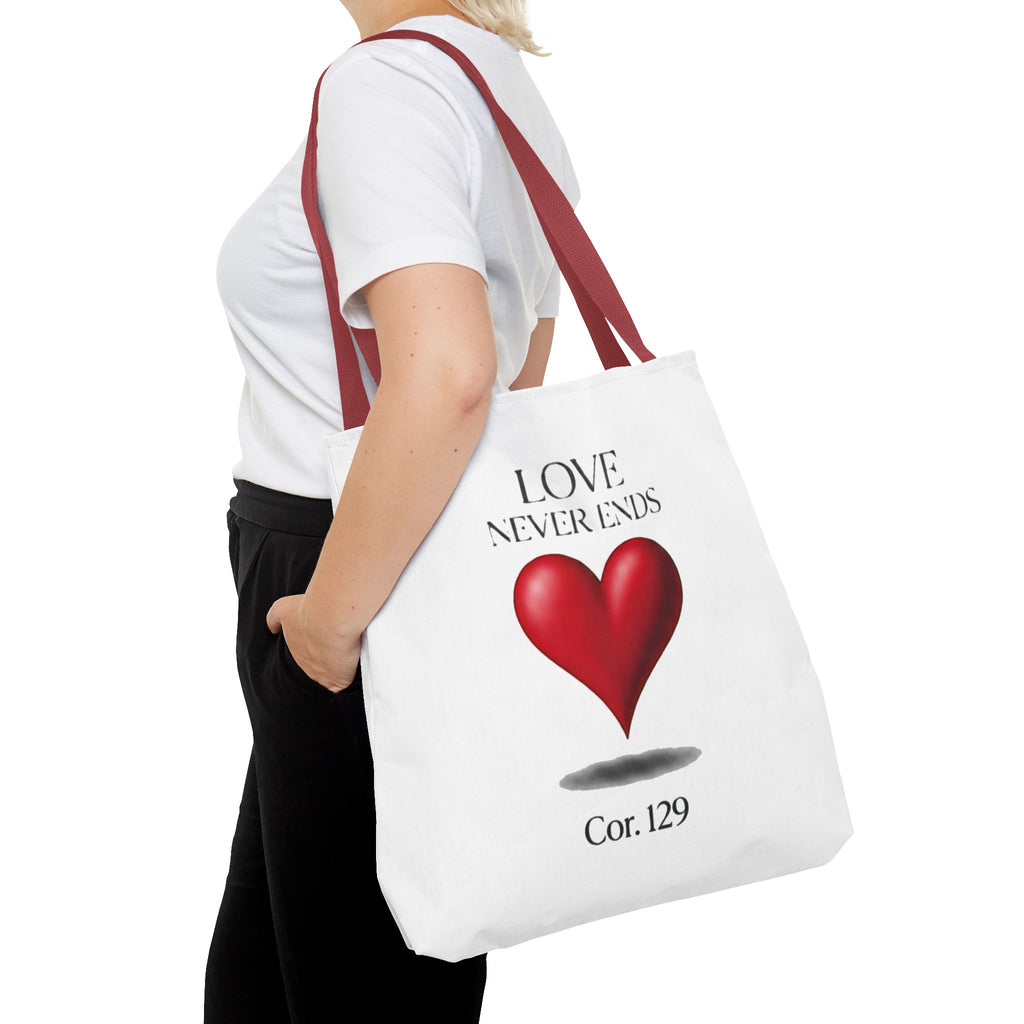 Tote Bag — “Love Never Ends” Heart Tote (Cor. 1:29)