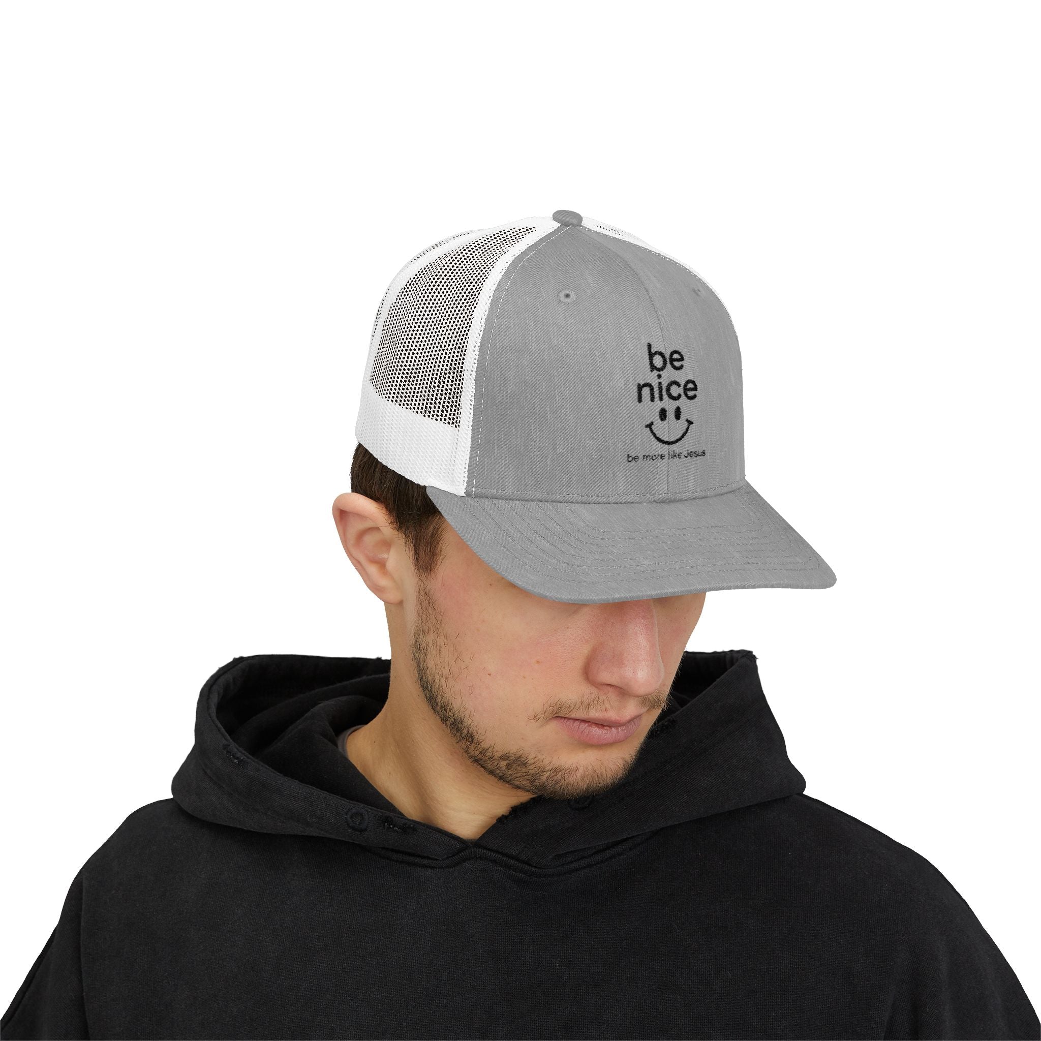 Be Nice Smiley Snapback Trucker Cap — Positive Message Mesh Hat