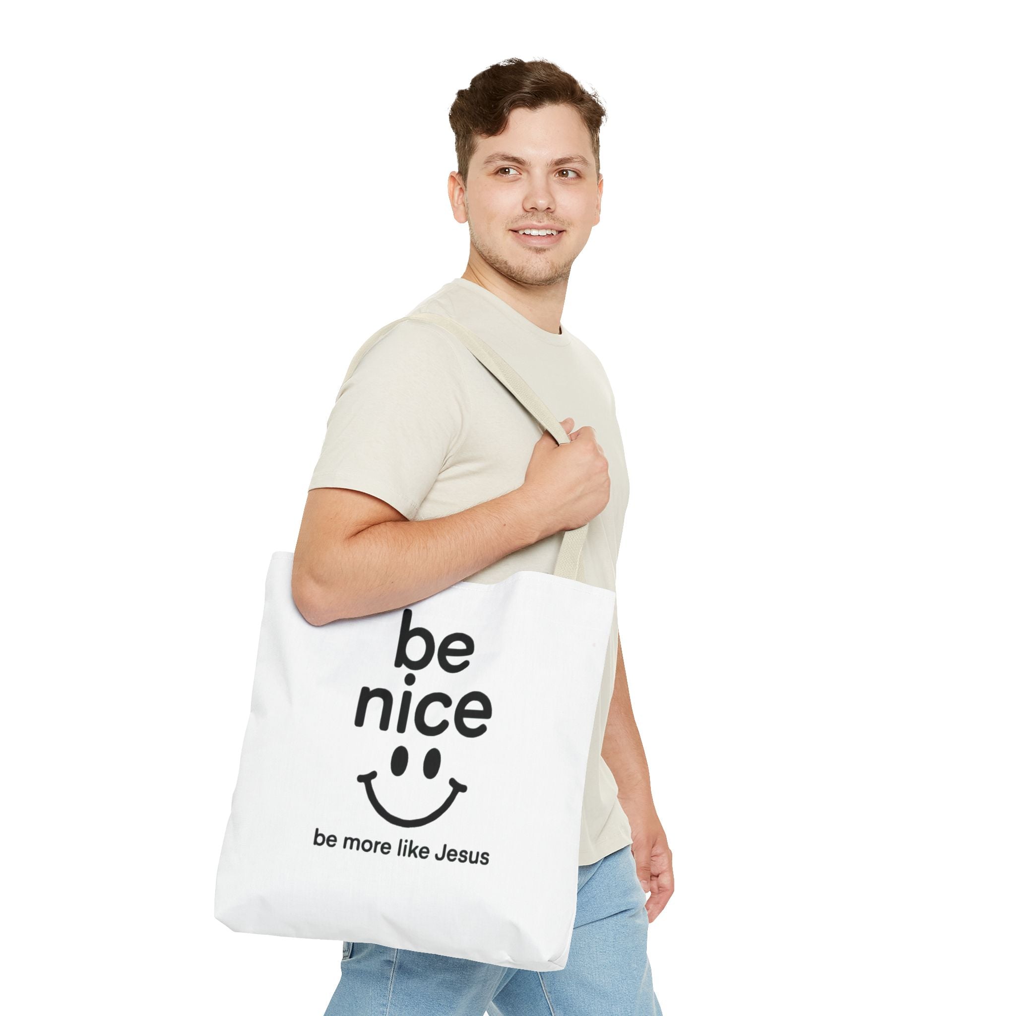 Be Nice Smiley Tote Bag — "be more like Jesus" Inspirational Canvas Tote
