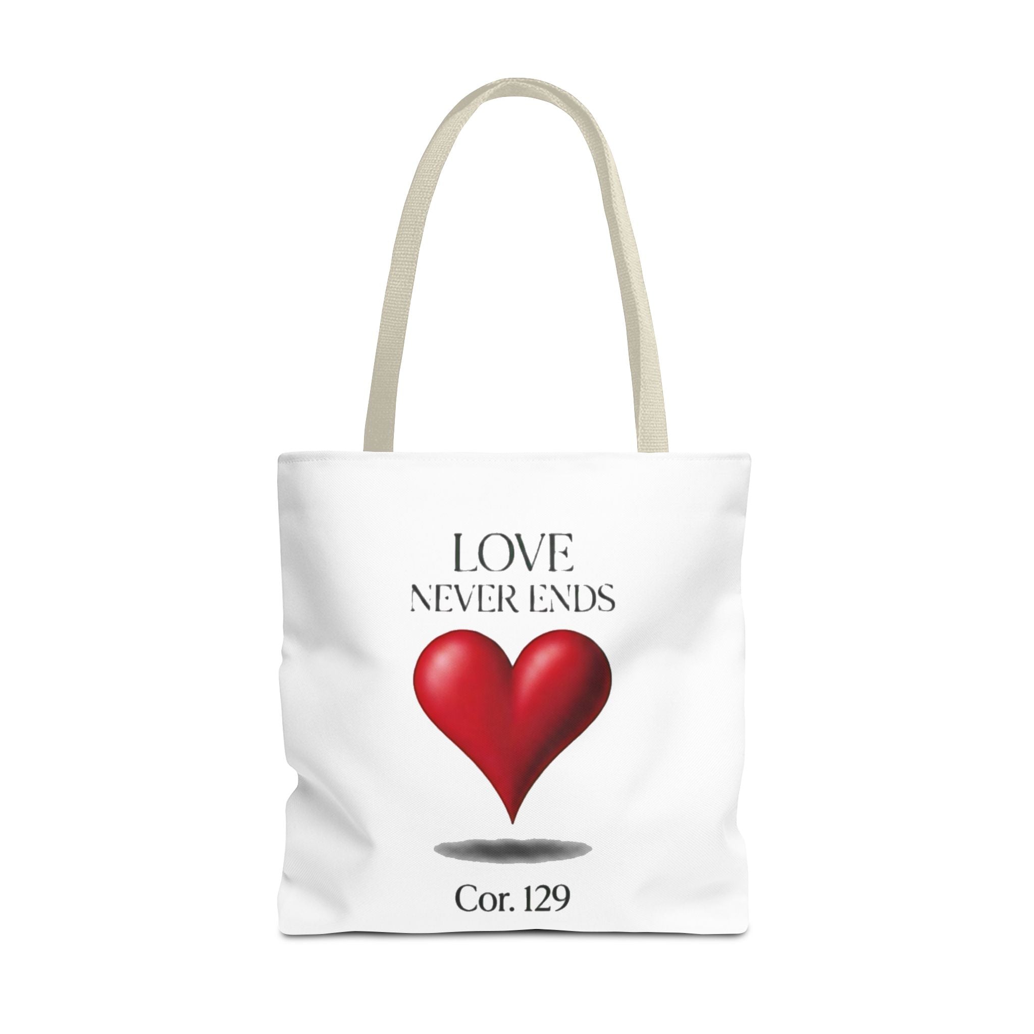 Tote Bag — “Love Never Ends” Heart Tote (Cor. 1:29)