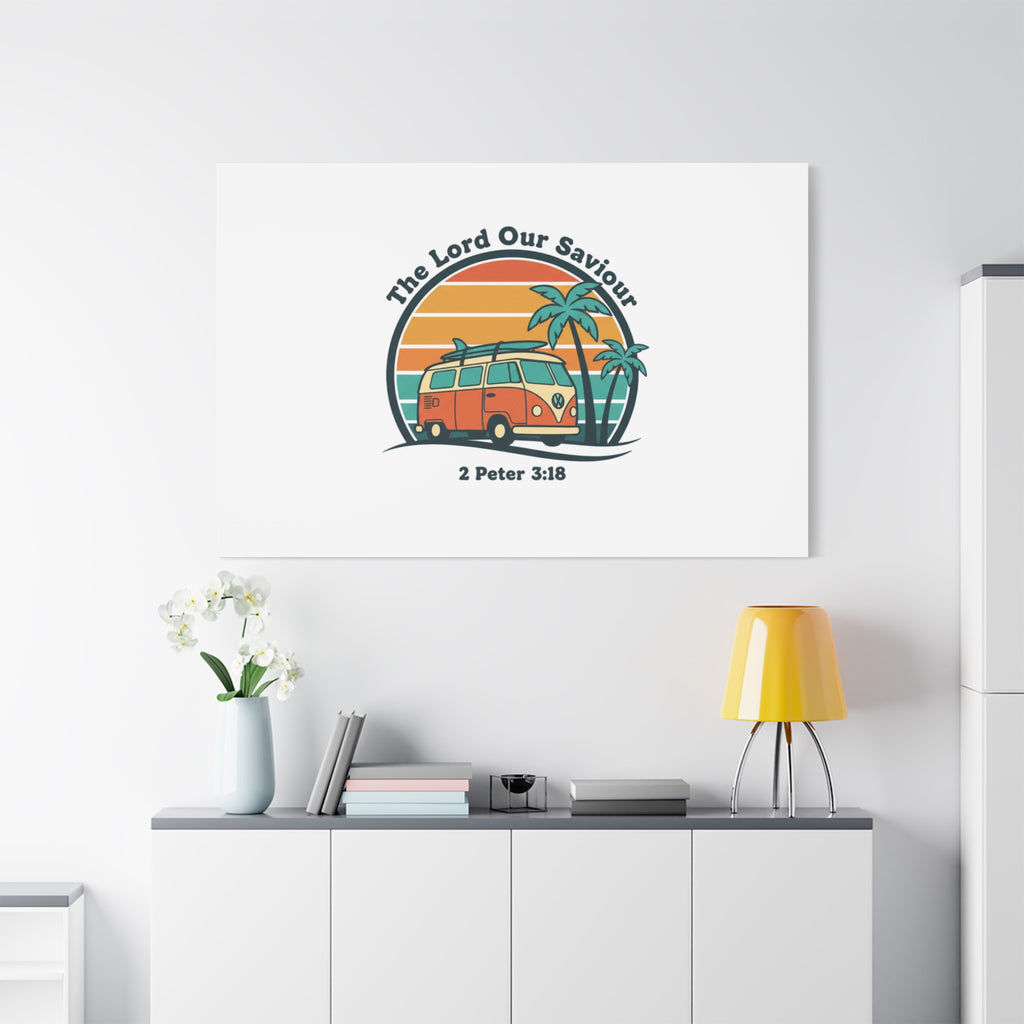 The Lord our Saviour, Retro Surf Sunset Canvas | 70s Van Palm Postcard, Analog Sunshine Aesthetic