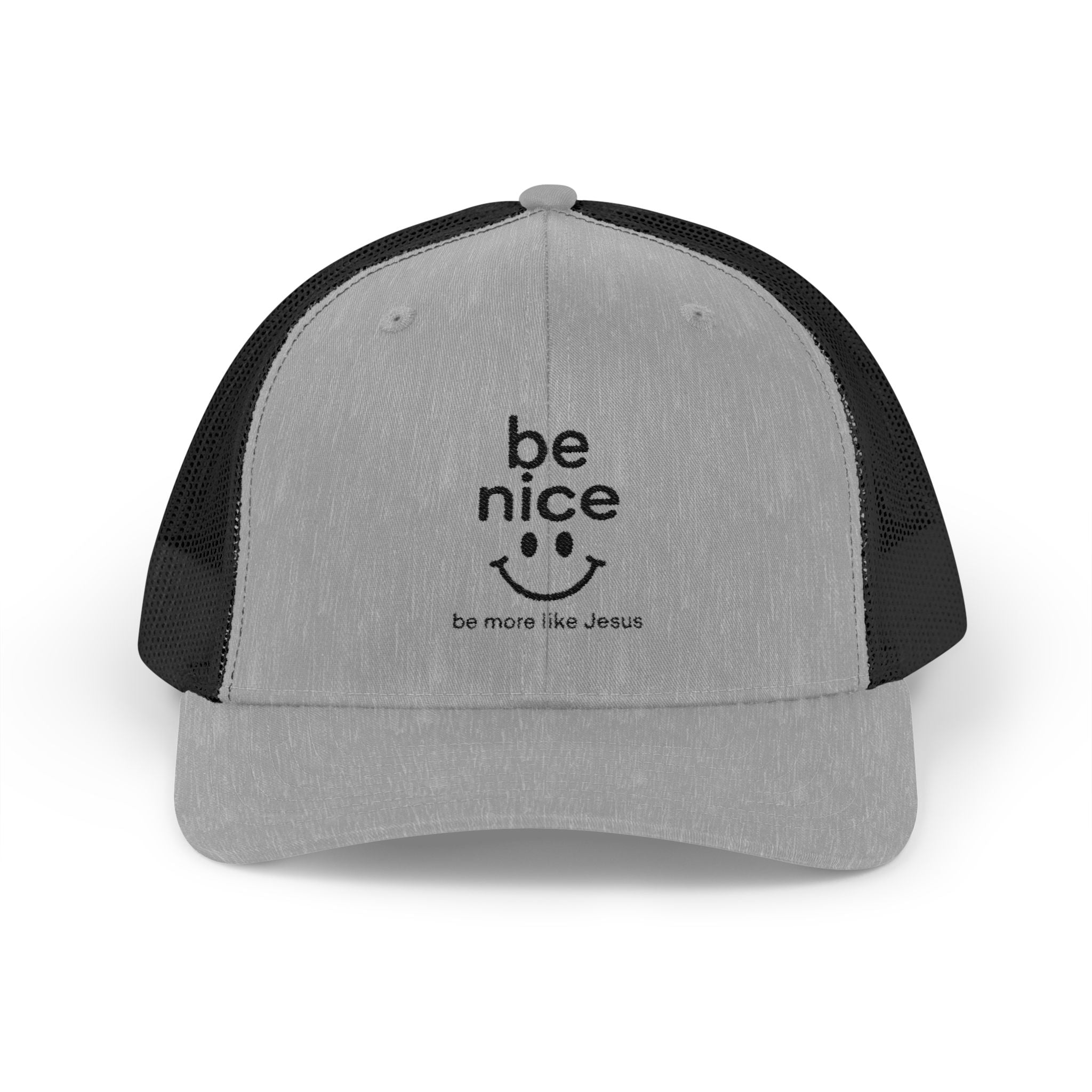 Be Nice Smiley Snapback Trucker Cap — Positive Message Mesh Hat