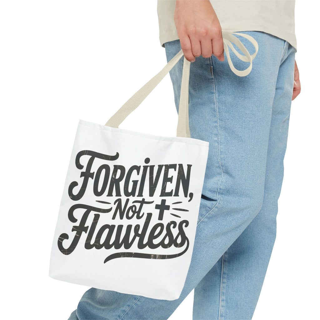 Forgiven Not Flawless Christian Tote Bag — Inspirational Scripture Quote Tote