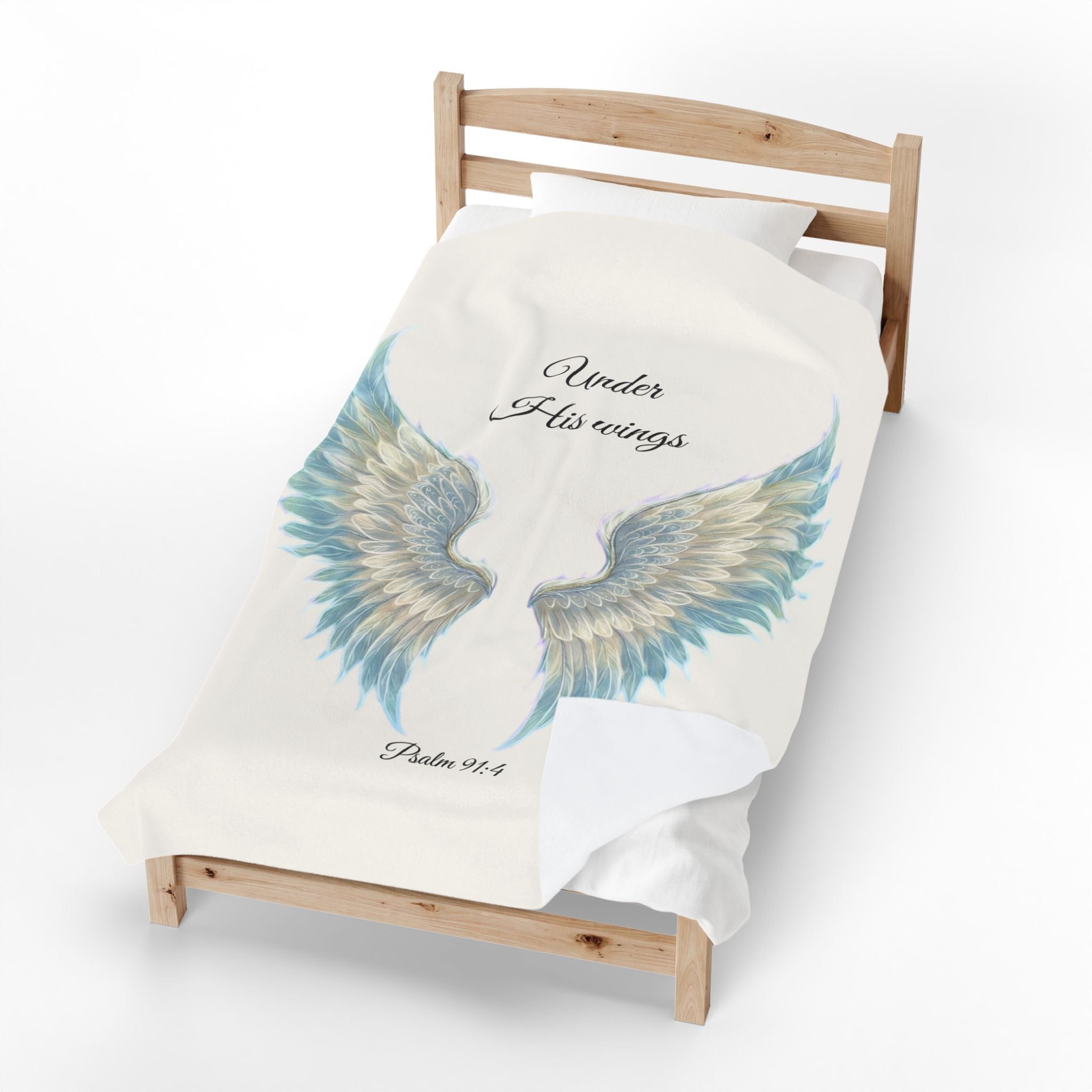 Velveteen Plush Blanket, Blue - "Under His Wings" Psalm 91:4 Christian Throw