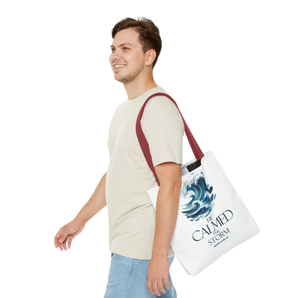 Calmed the Storm Tote Bag — Inspirational Bible Verse Mark 4:39-41 Canvas Tote