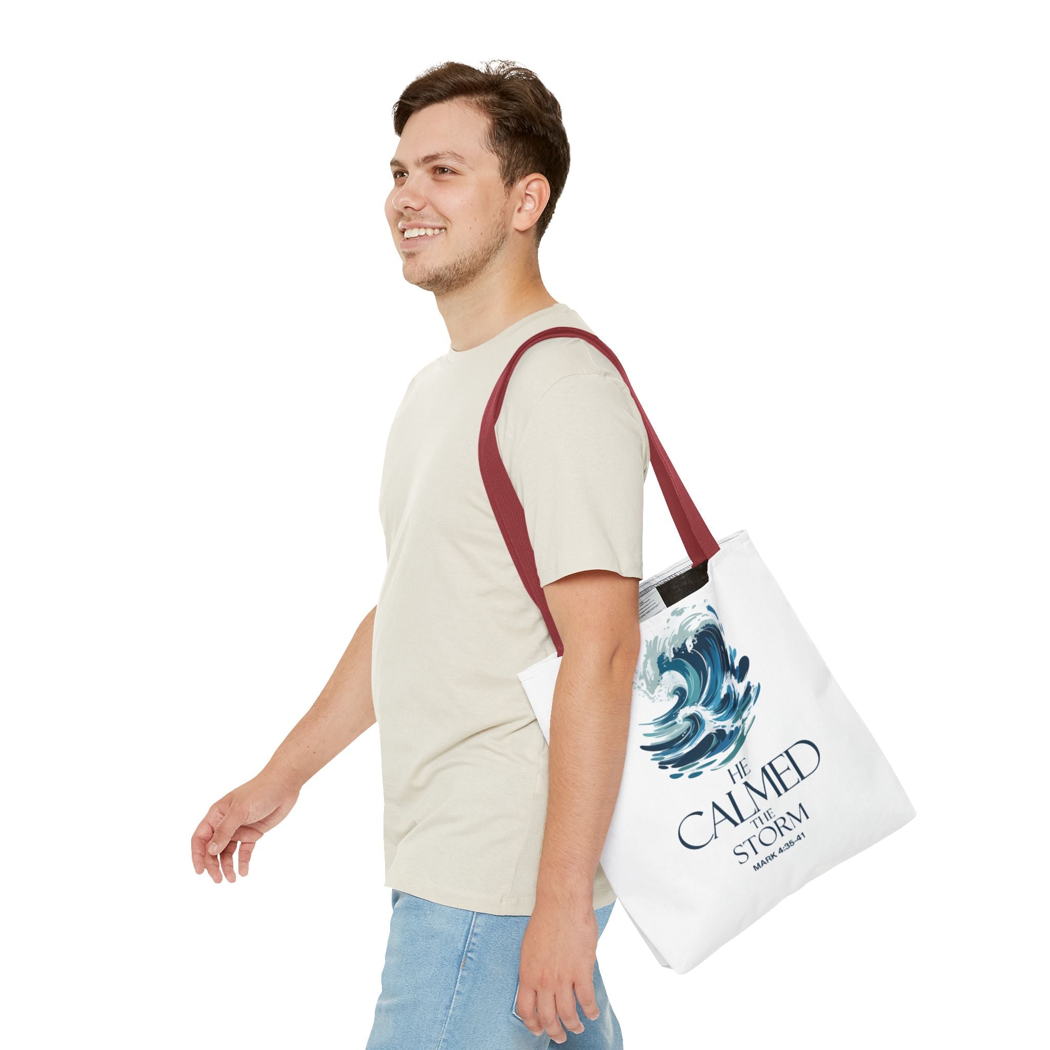 Calmed the Storm Tote Bag — Inspirational Bible Verse Mark 4:39-41 Canvas Tote