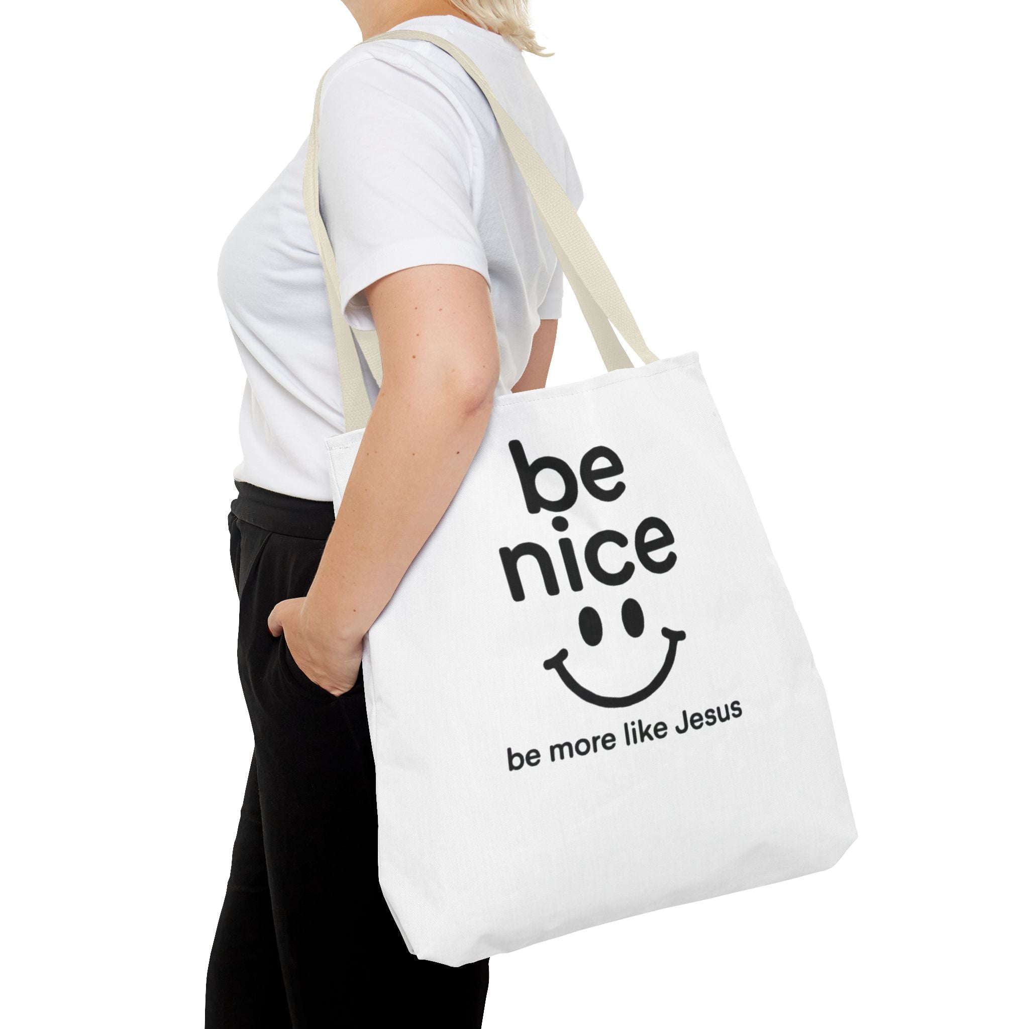 Be Nice Smiley Tote Bag — "be more like Jesus" Inspirational Canvas Tote