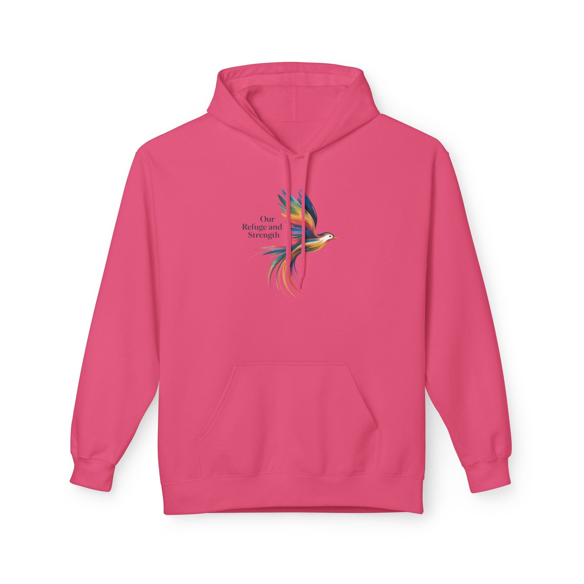 Freedom Sparrow Hoodie — Colorful Bird “One Refuge One Strength” Chest Print
