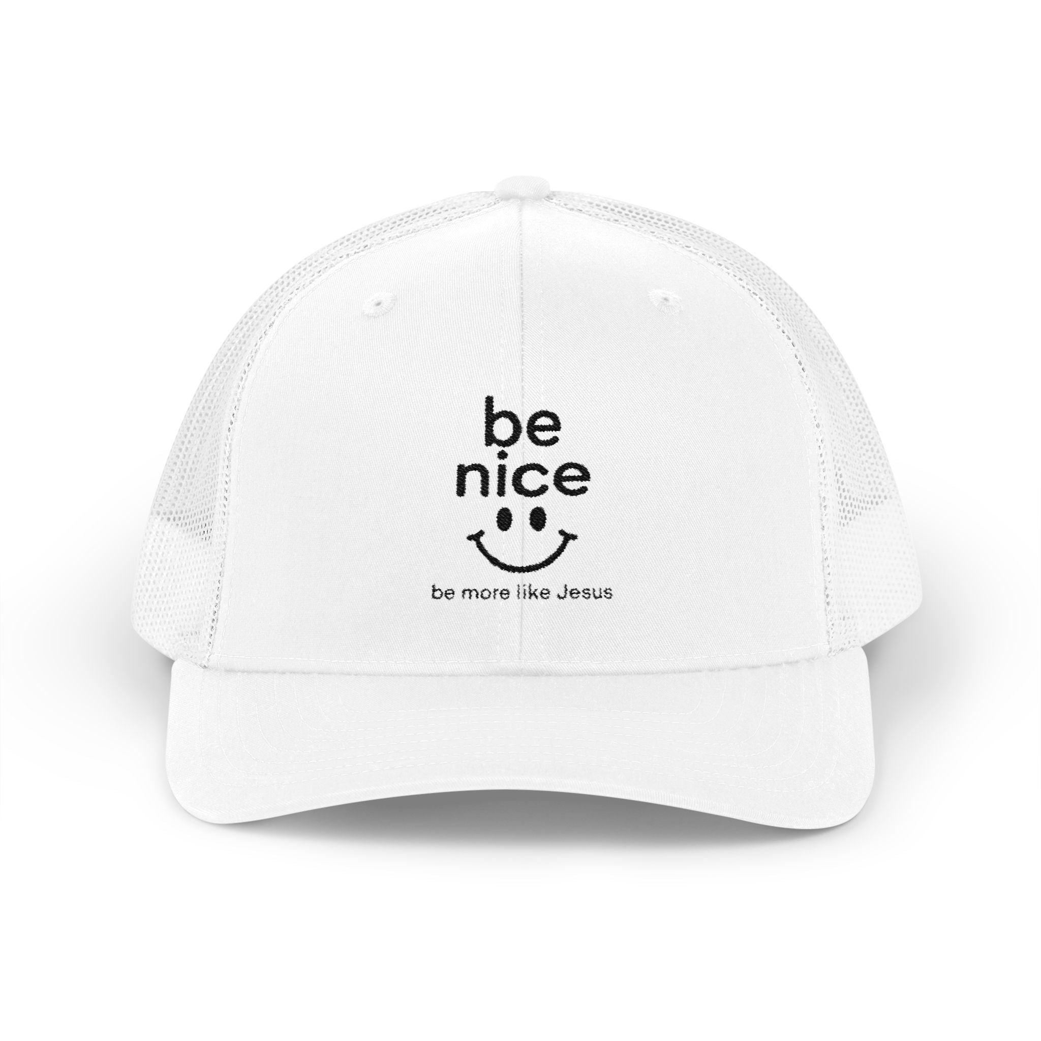Be Nice Smiley Snapback Trucker Cap — Positive Message Mesh Hat