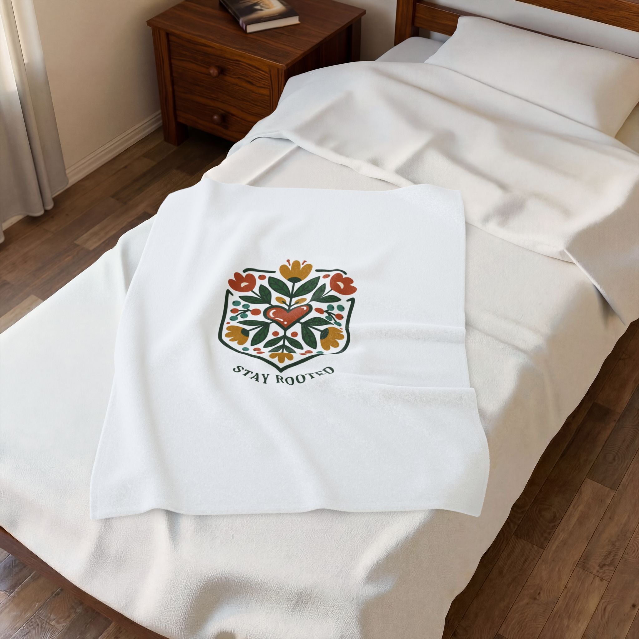 Stay Rooted Folk Botanical Blanket | Hand-Drawn Folk Art, Embroidery Style