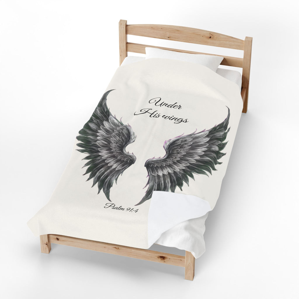 Velveteen Plush Blanket, Black Wings - "Under His Wings" Psalm 91:4 Christian Throw