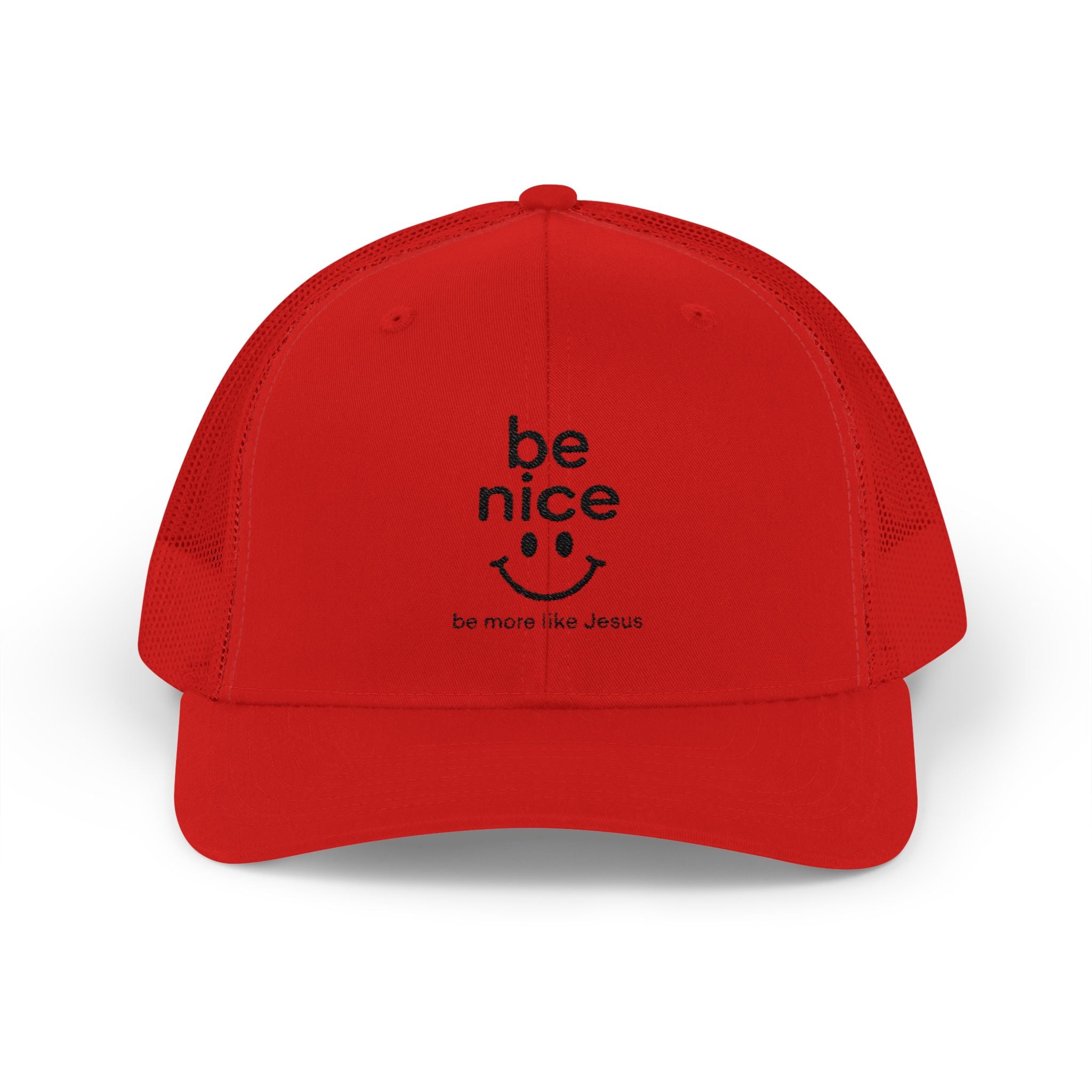 Be Nice Smiley Snapback Trucker Cap — Positive Message Mesh Hat