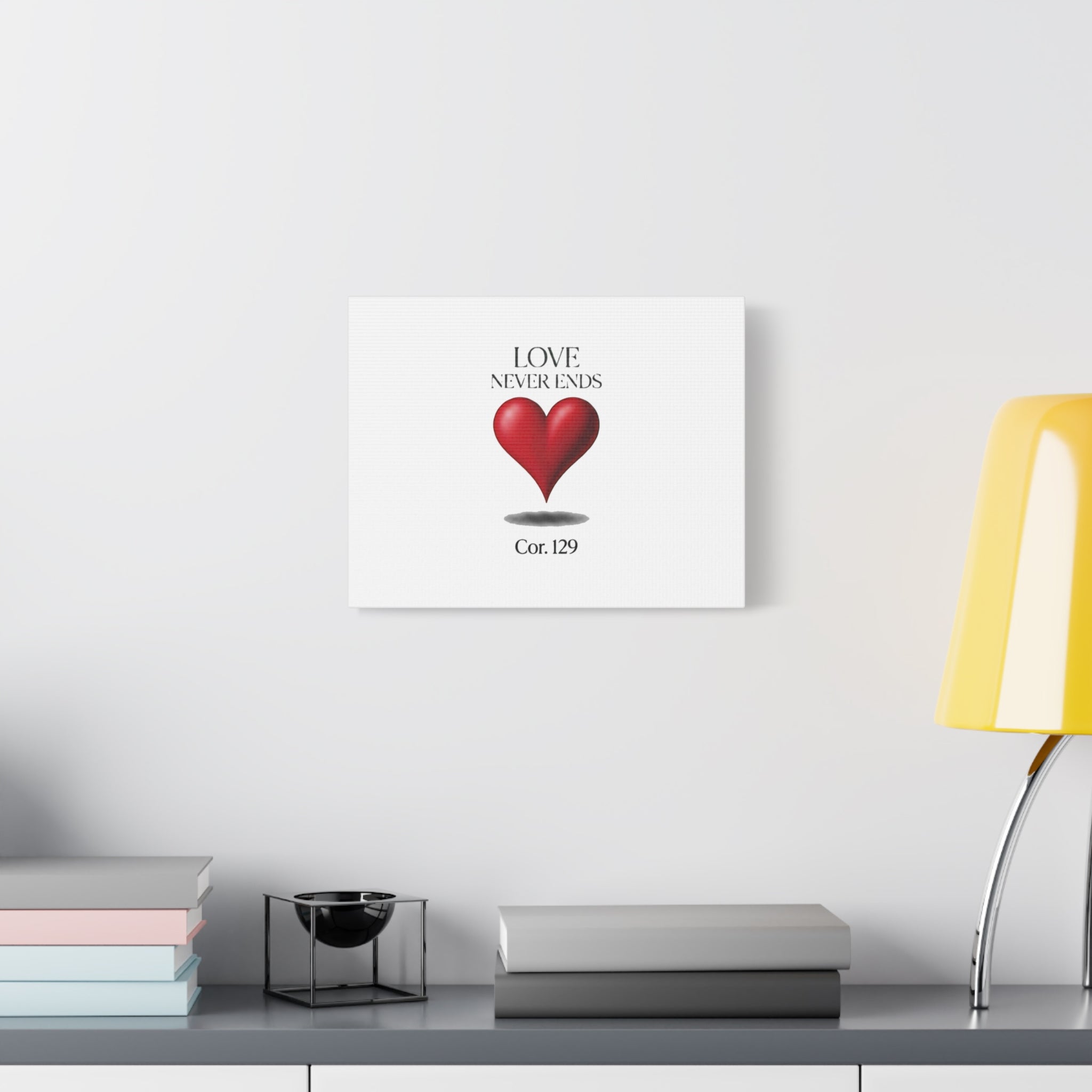 Love Never Ends Canvas Wall Art — Red Heart "Cor. 1:29" Matte Stretched Canvas