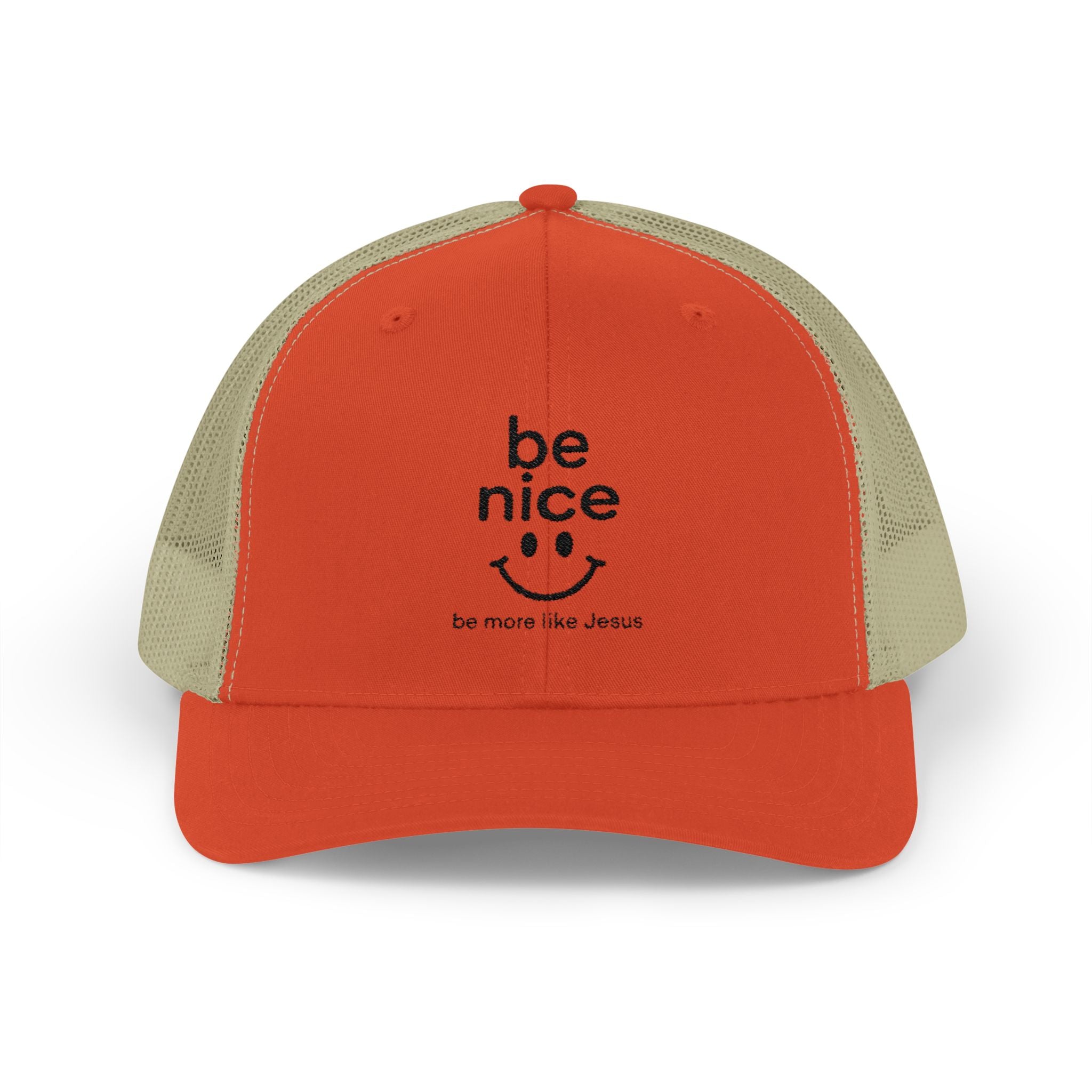 Be Nice Smiley Snapback Trucker Cap — Positive Message Mesh Hat