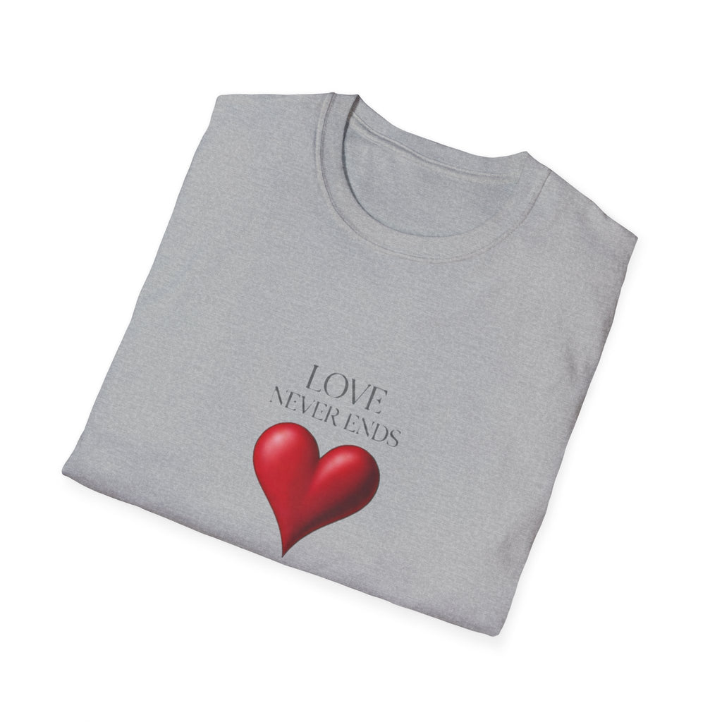 T-Shirt "Love Never Ends" -  Red Heart Graphic Bible Quote Tee