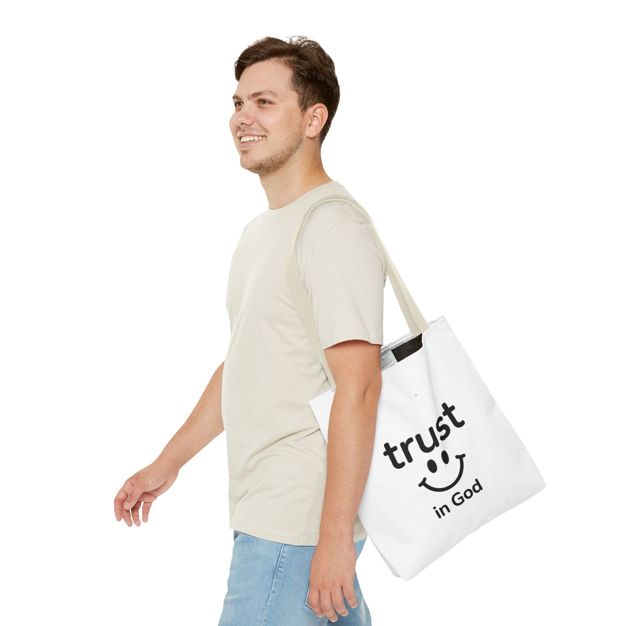 Faith Smile Tote Bag — "Trust in God" Inspirational Canvas Tote