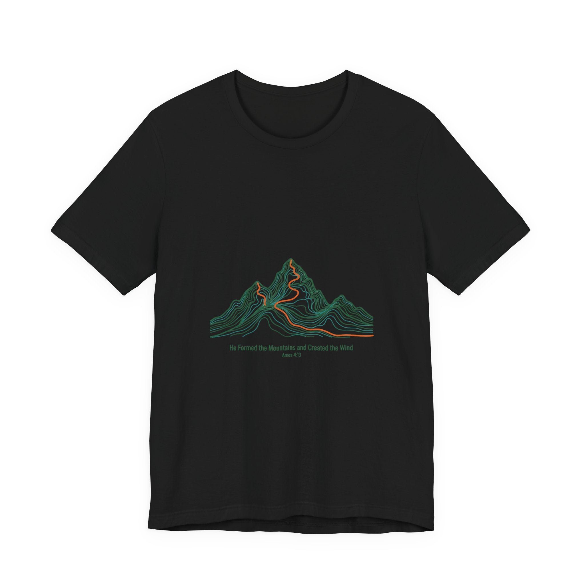 He Formed the Mountains Tee — Topographic Mountain Bible Verse T-Shirt