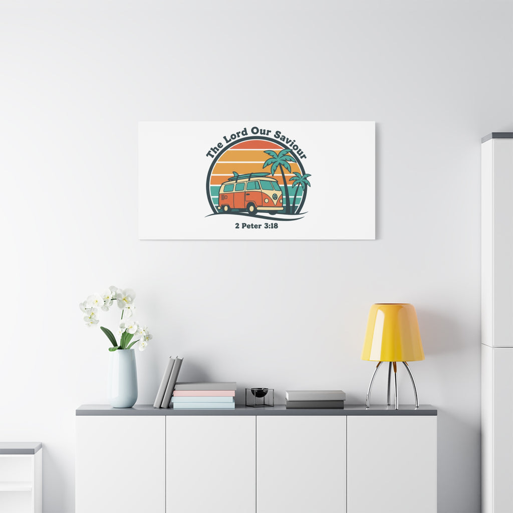 The Lord our Saviour, Retro Surf Sunset Canvas | 70s Van Palm Postcard, Analog Sunshine Aesthetic