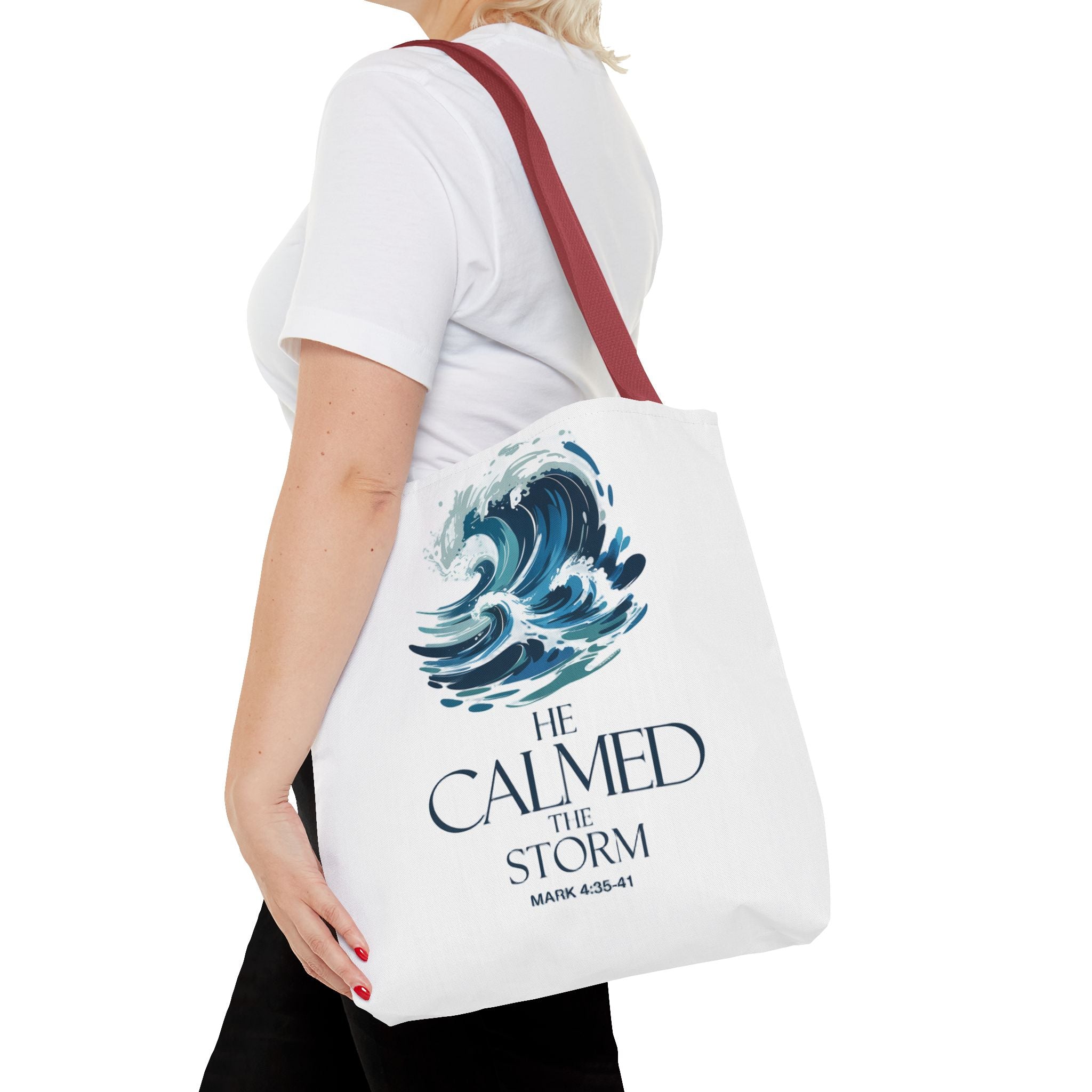 Calmed the Storm Tote Bag — Inspirational Bible Verse Mark 4:39-41 Canvas Tote