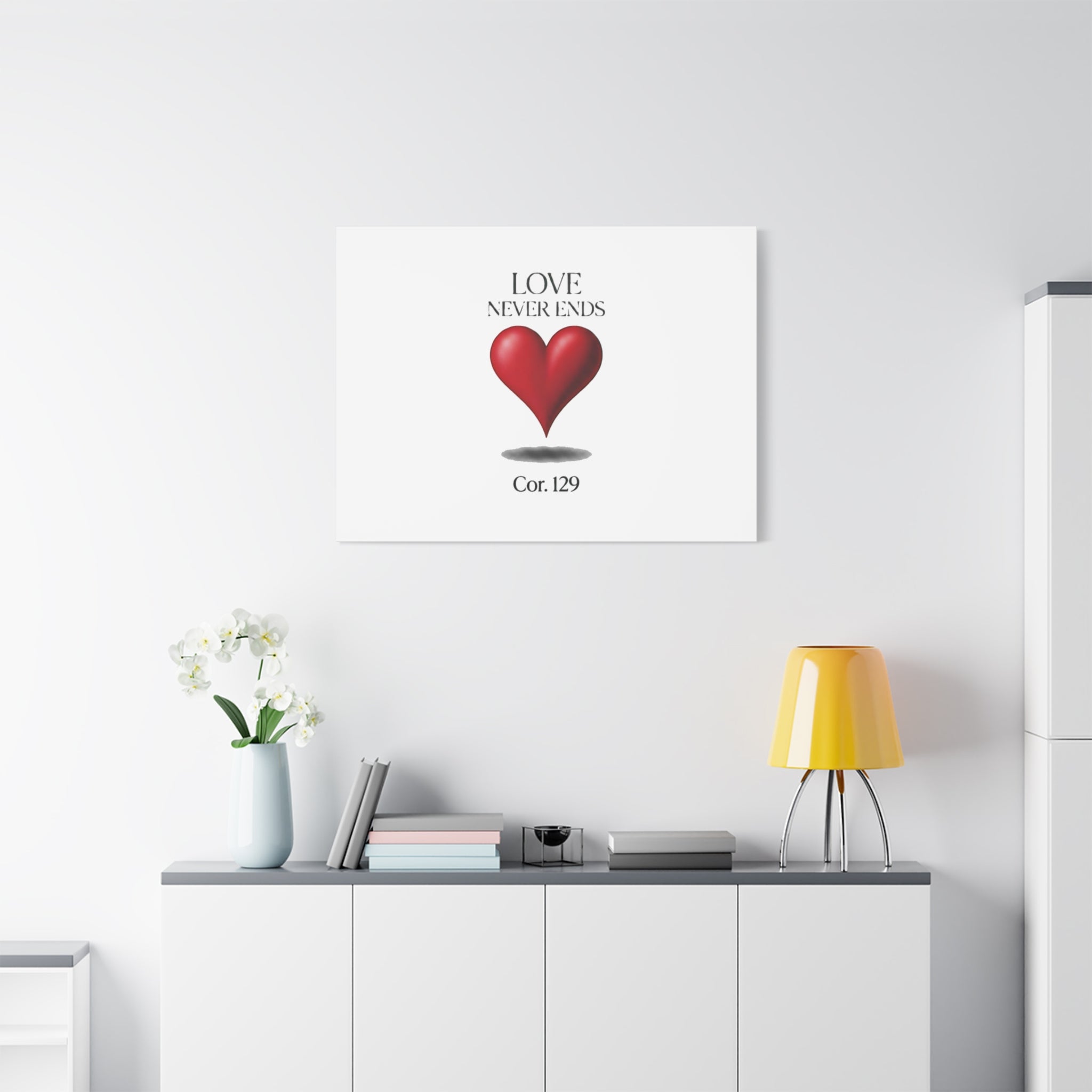 Love Never Ends Canvas Wall Art — Red Heart "Cor. 1:29" Matte Stretched Canvas