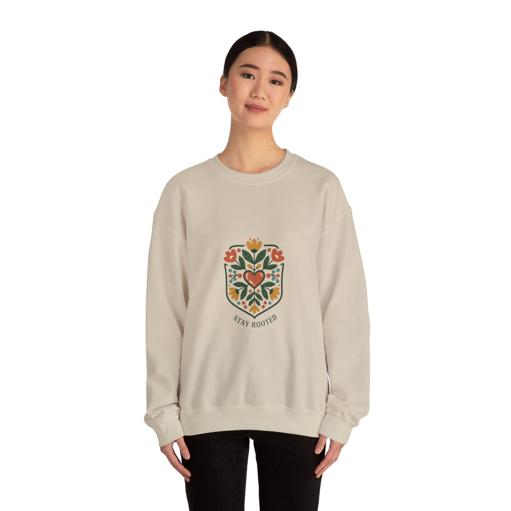 Stay Rooted Folk Botanical Sweatshirt | hand-drawn folk art print, embroidery style
