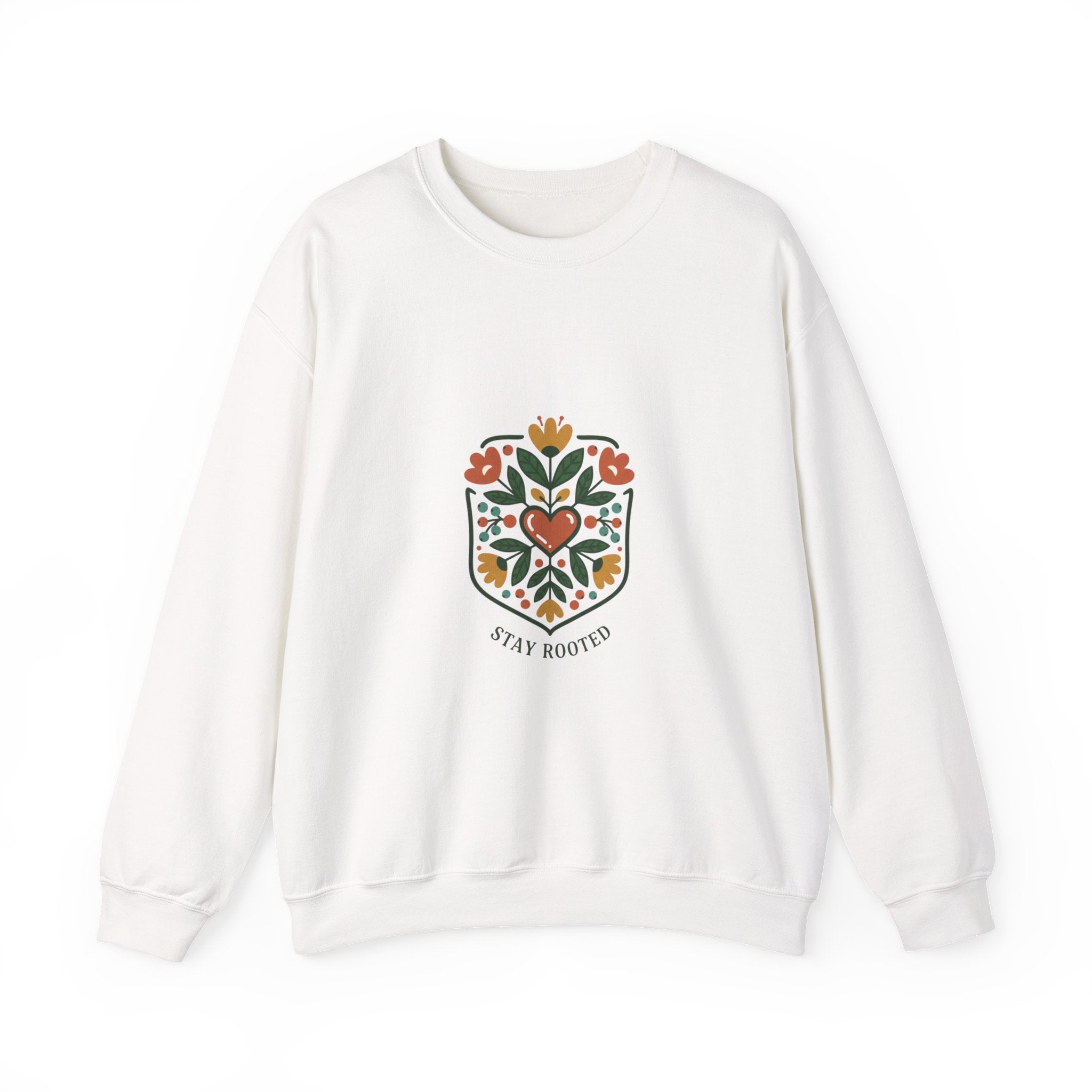Stay Rooted Folk Botanical Sweatshirt | hand-drawn folk art print, embroidery style