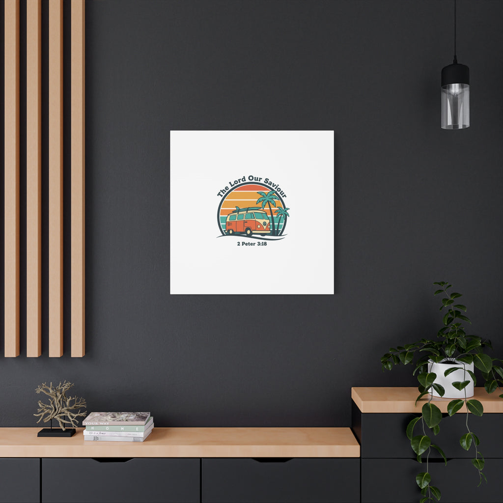 The Lord our Saviour, Retro Surf Sunset Canvas | 70s Van Palm Postcard, Analog Sunshine Aesthetic
