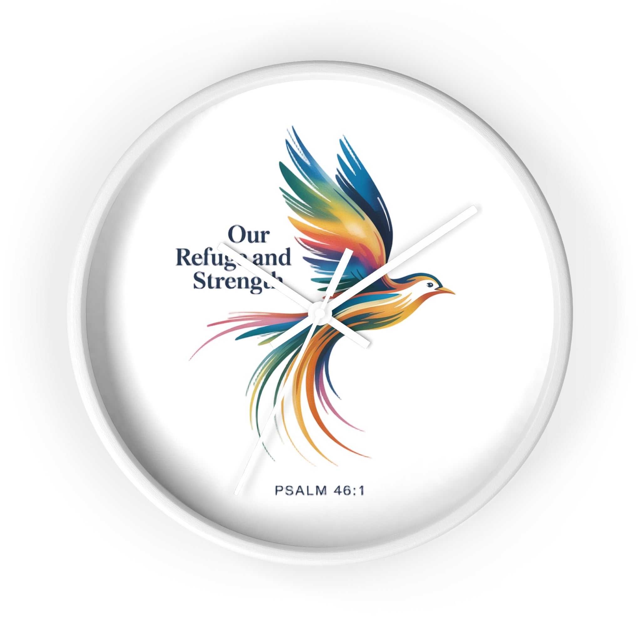 Wall Clock — 'Our Refuge and Strength' Colorful Dove Psalm 46:1 Christian Wall Clock