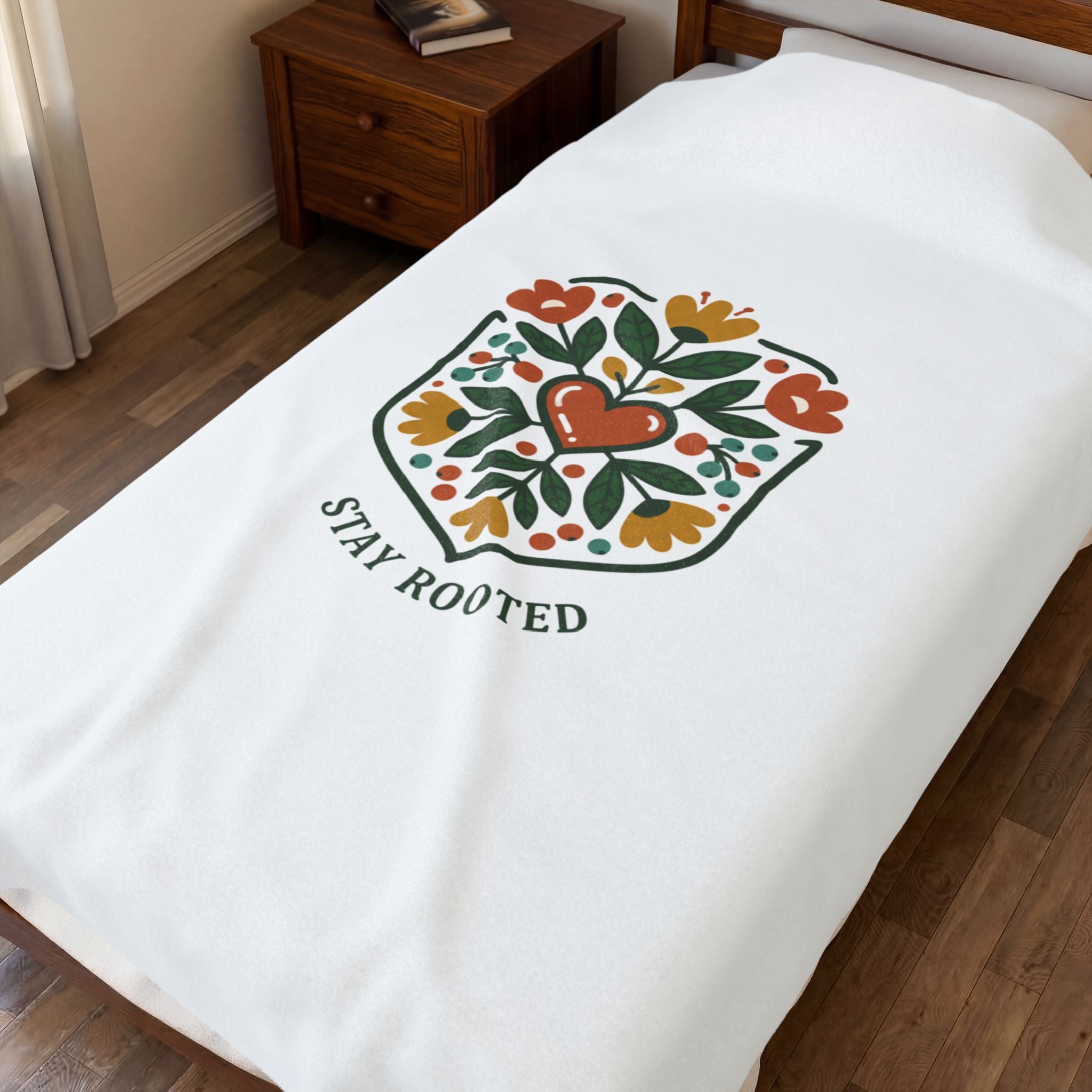 Stay Rooted Folk Botanical Blanket | Hand-Drawn Folk Art, Embroidery Style