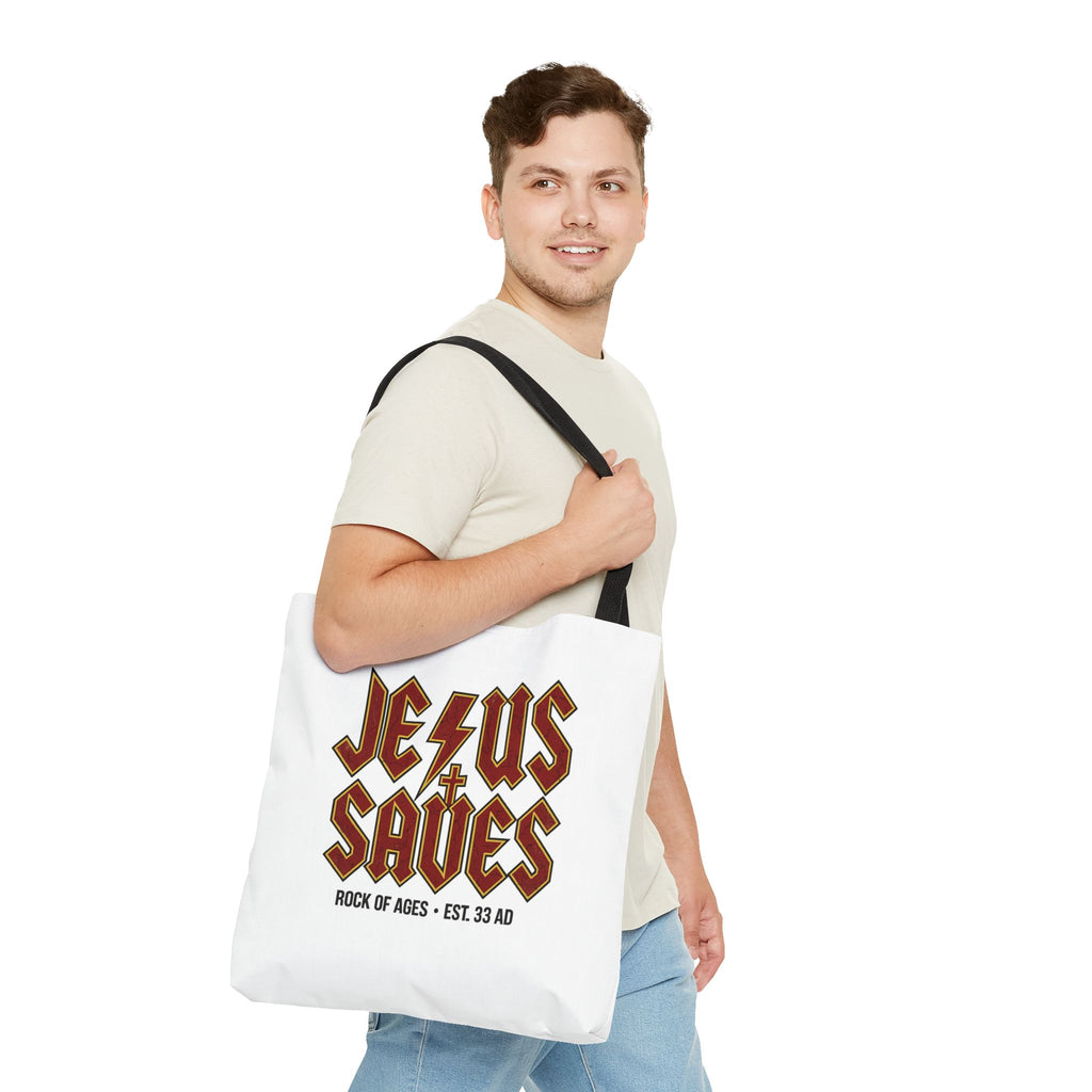 Jesus Saves Tote Bag — Rock of Ages Vintage Christian Tote