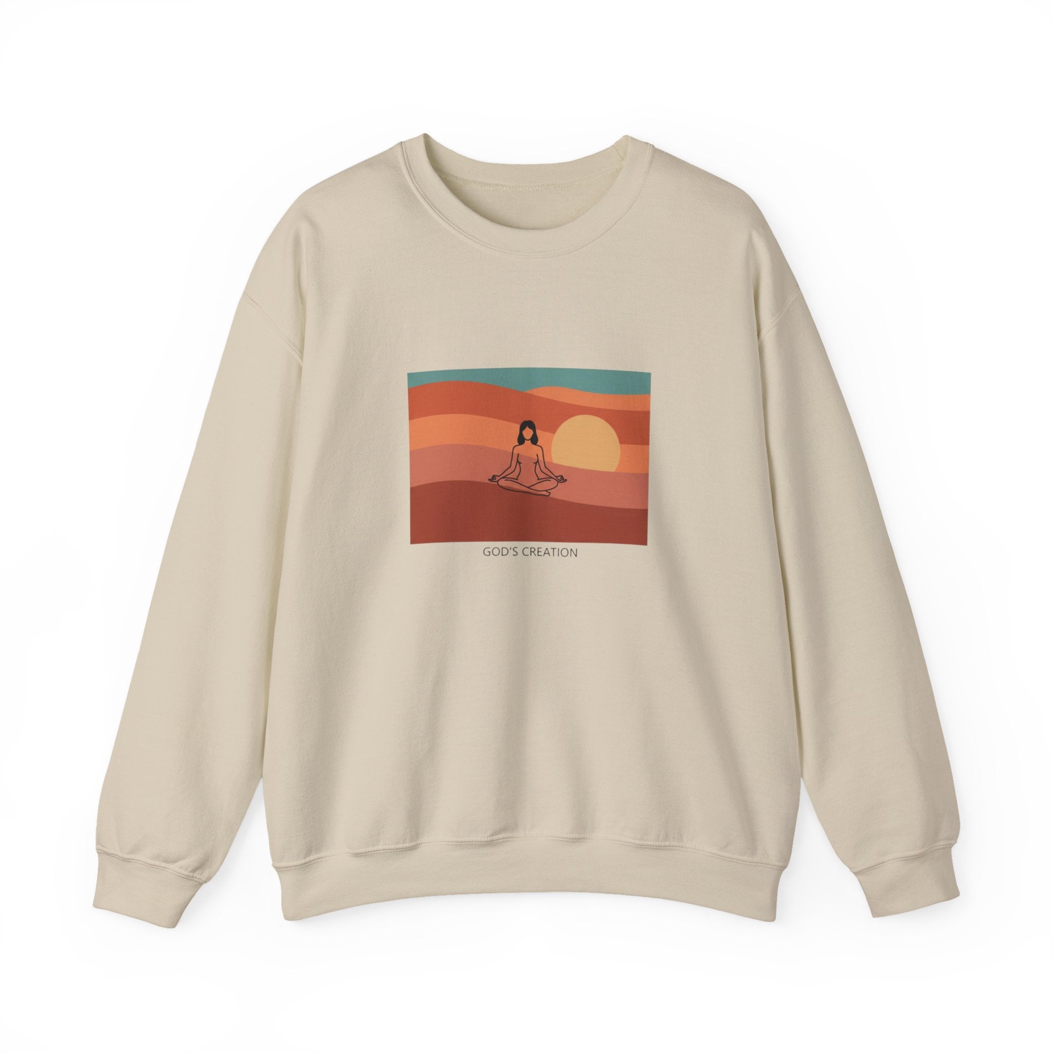 God's Creation Vintage Meditation Sweatshirt — Sunset Dessert Scene