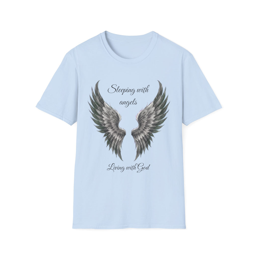 Black Angel Wings T-Shirt — “Sleeping with angels, living with God.” Christian Faith Tee