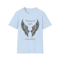 Black Angel Wings T-Shirt — “Sleeping with angels, living with God.” Christian Faith Tee
