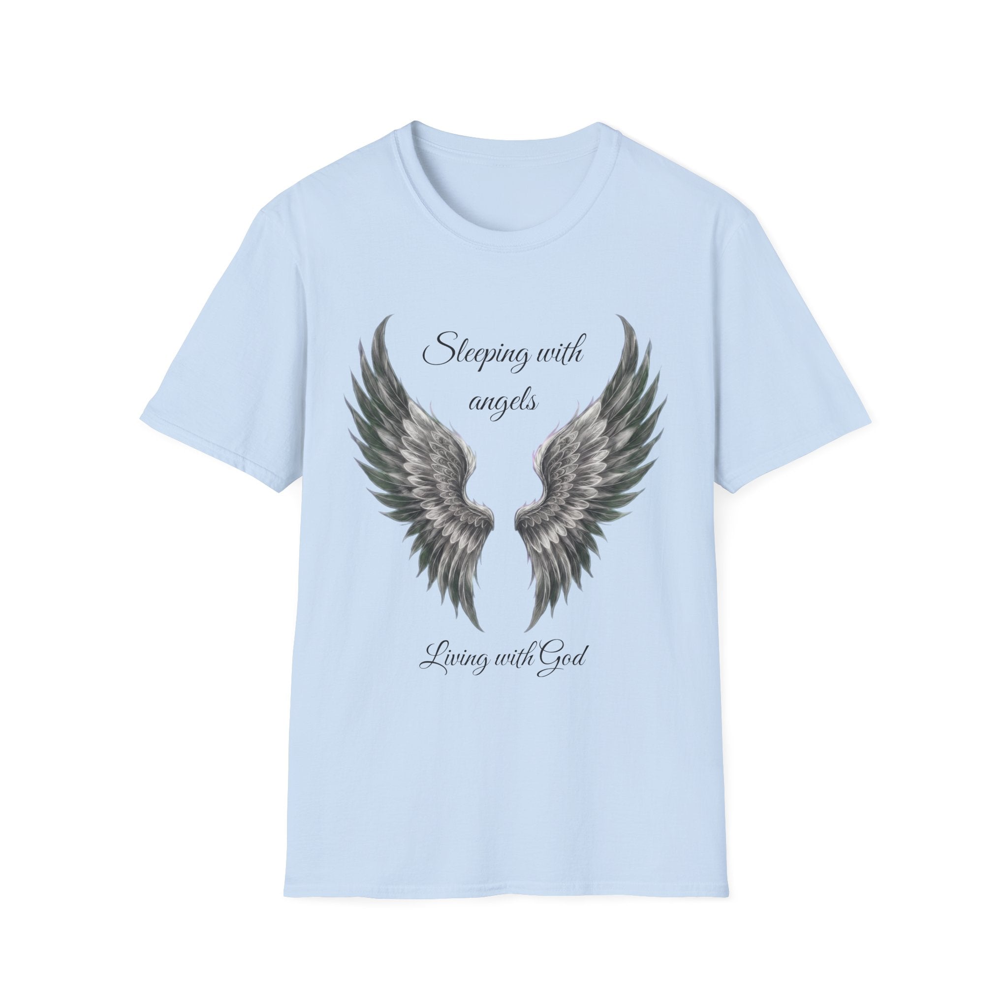 Black Angel Wings T-Shirt — “Sleeping with angels, living with God.” Christian Faith Tee