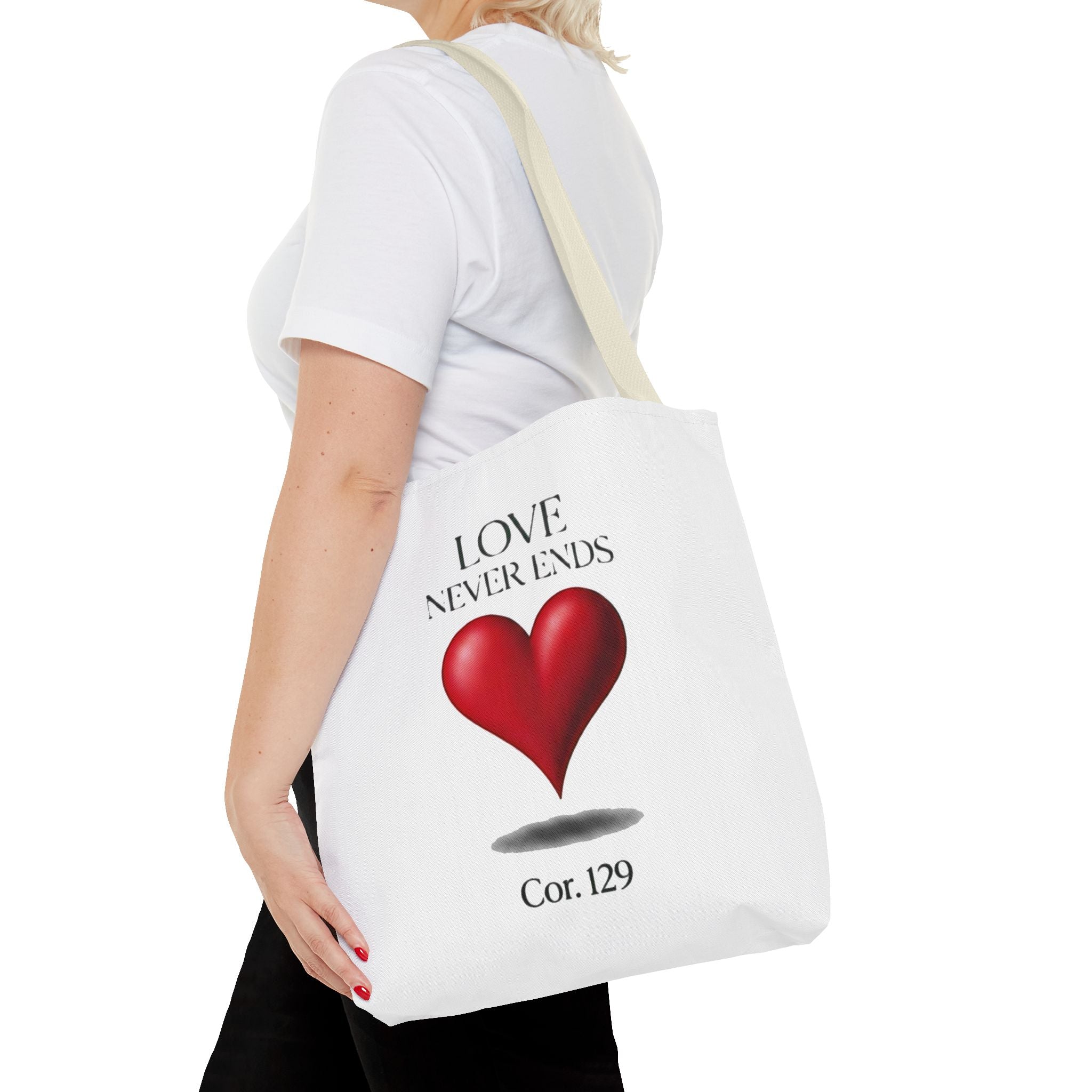 Tote Bag — “Love Never Ends” Heart Tote (Cor. 1:29)
