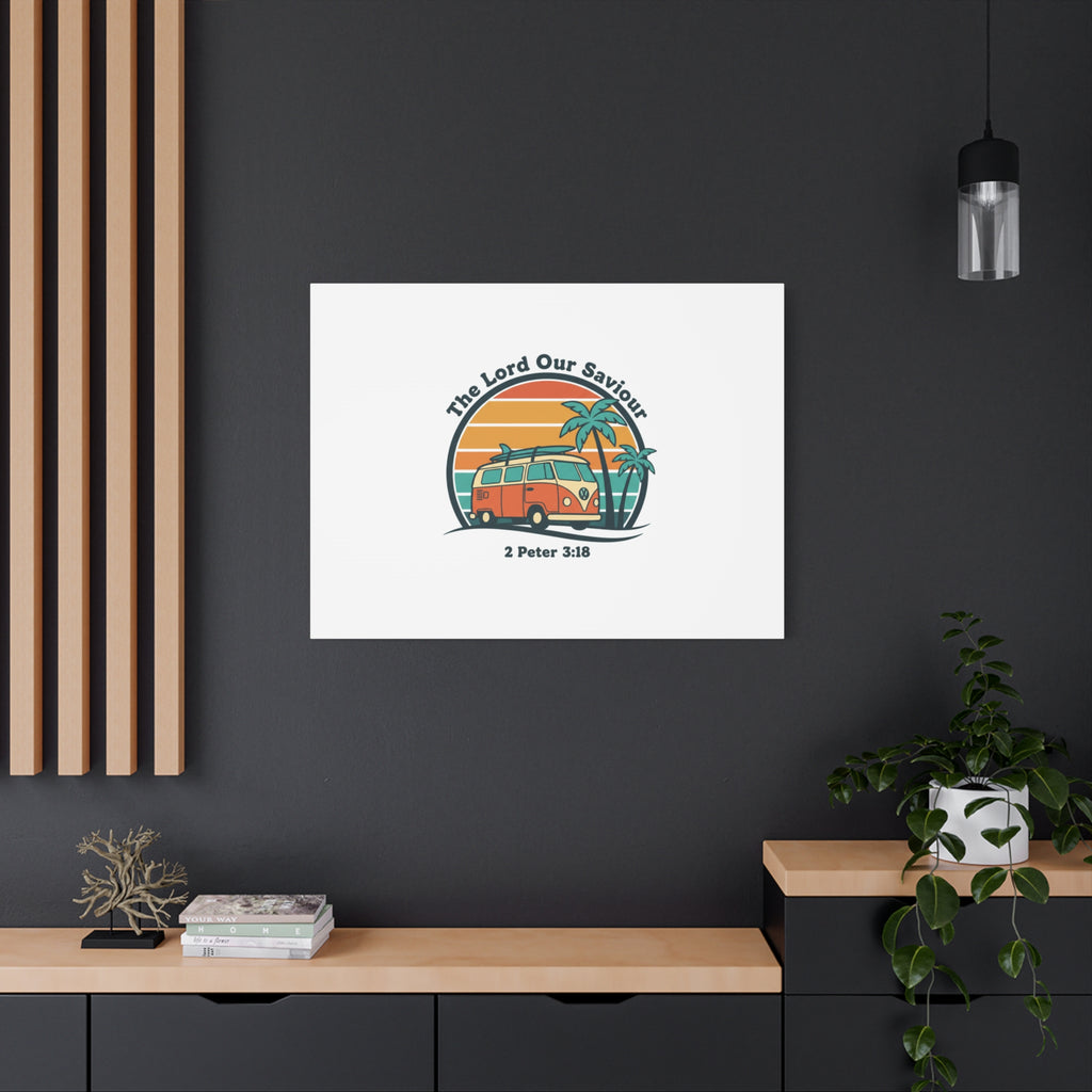 The Lord our Saviour, Retro Surf Sunset Canvas | 70s Van Palm Postcard, Analog Sunshine Aesthetic
