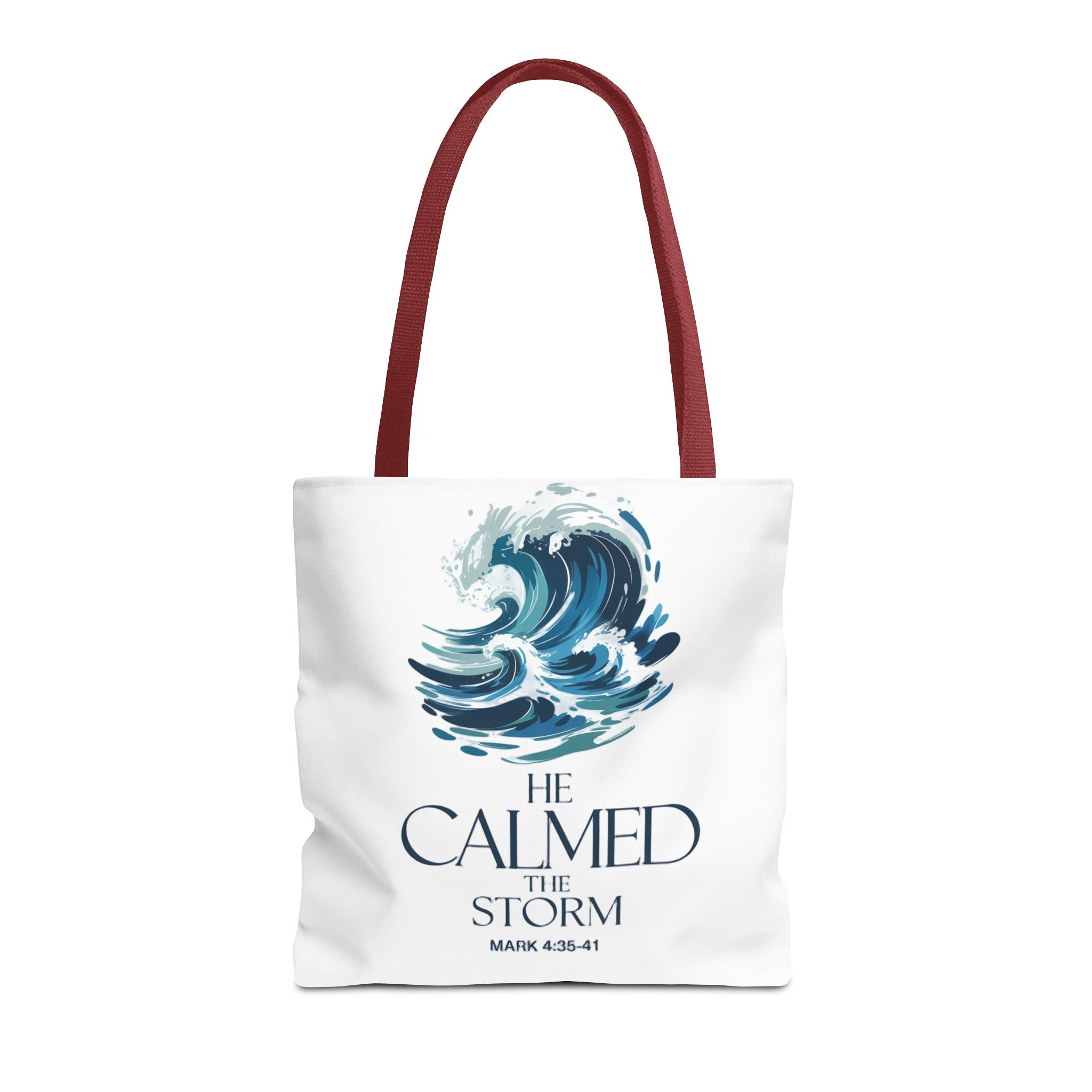 Calmed the Storm Tote Bag — Inspirational Bible Verse Mark 4:39-41 Canvas Tote