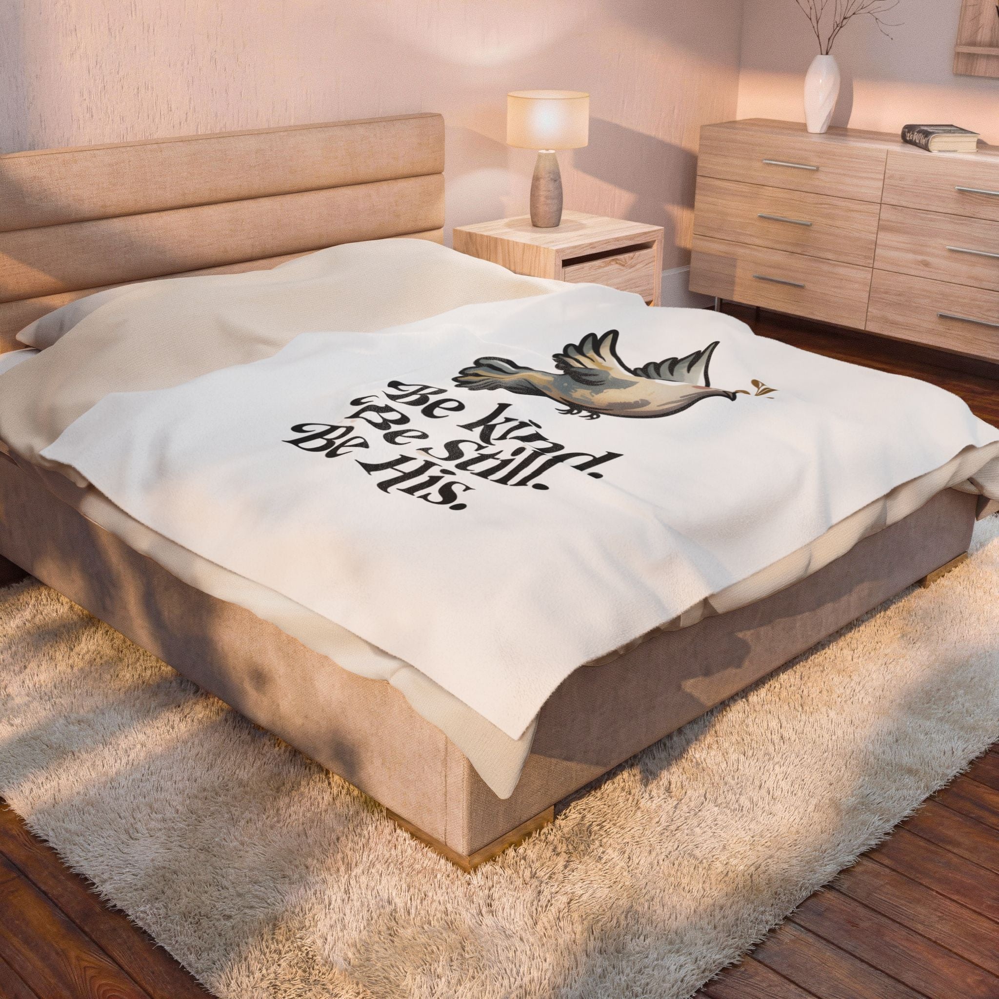 Velveteen Plush Blanket — Dove Design with "Be kind. Be still. Be His." Inspirational Christian Throw
