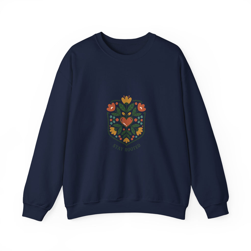 Stay Rooted Folk Botanical Sweatshirt | hand-drawn folk art print, embroidery style