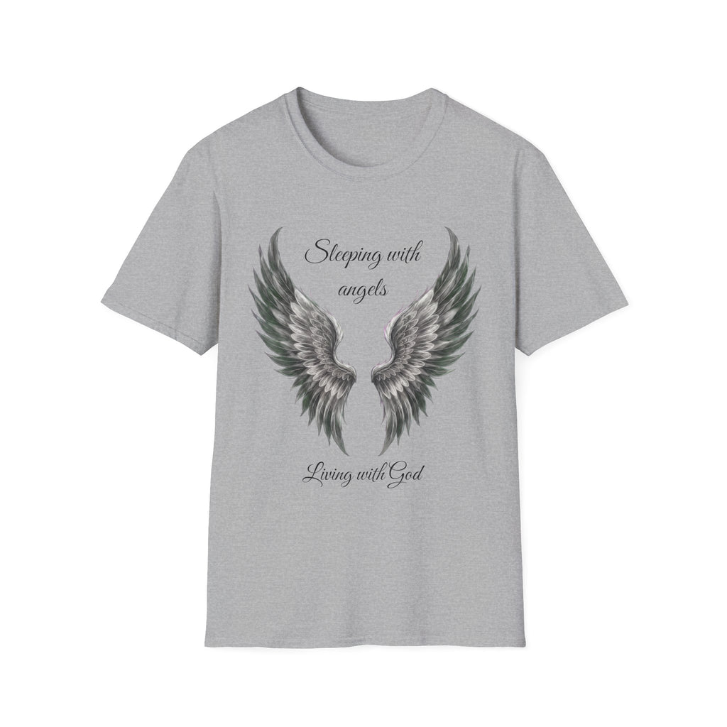 Black Angel Wings T-Shirt — “Sleeping with angels, living with God.” Christian Faith Tee