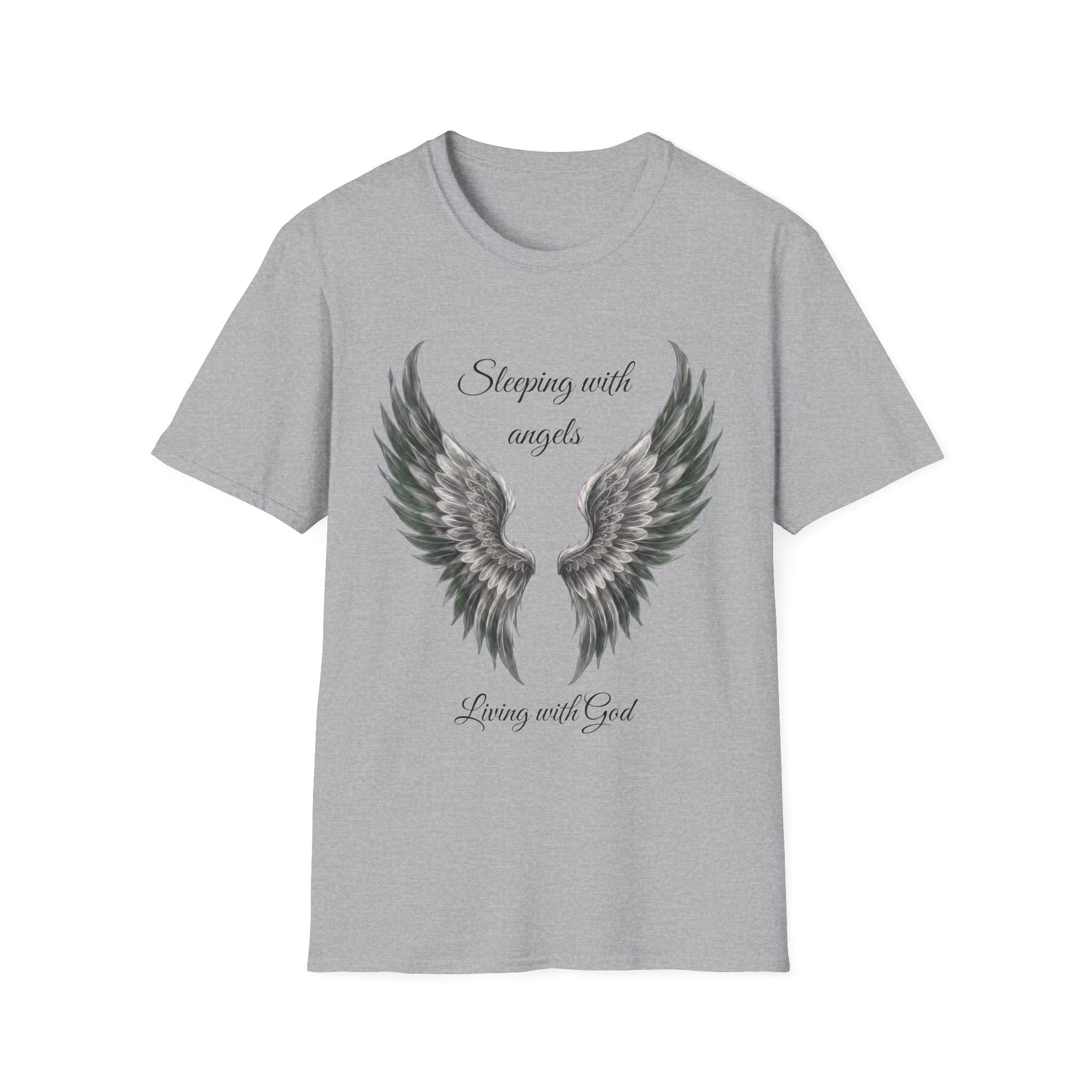 Black Angel Wings T-Shirt — “Sleeping with angels, living with God.” Christian Faith Tee