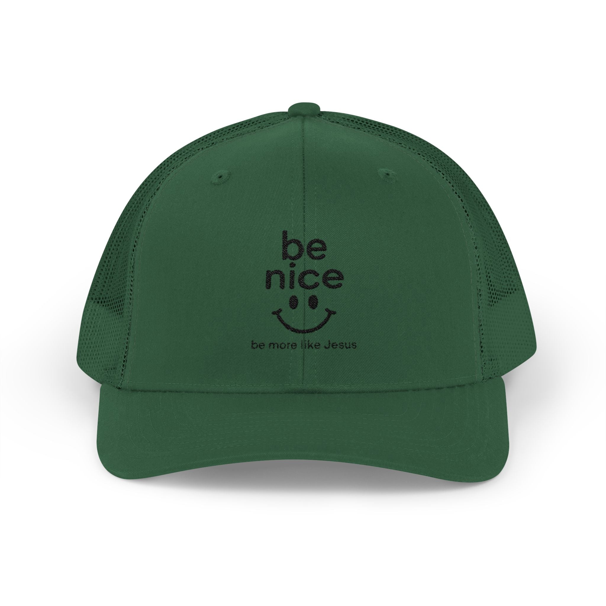Be Nice Smiley Snapback Trucker Cap — Positive Message Mesh Hat